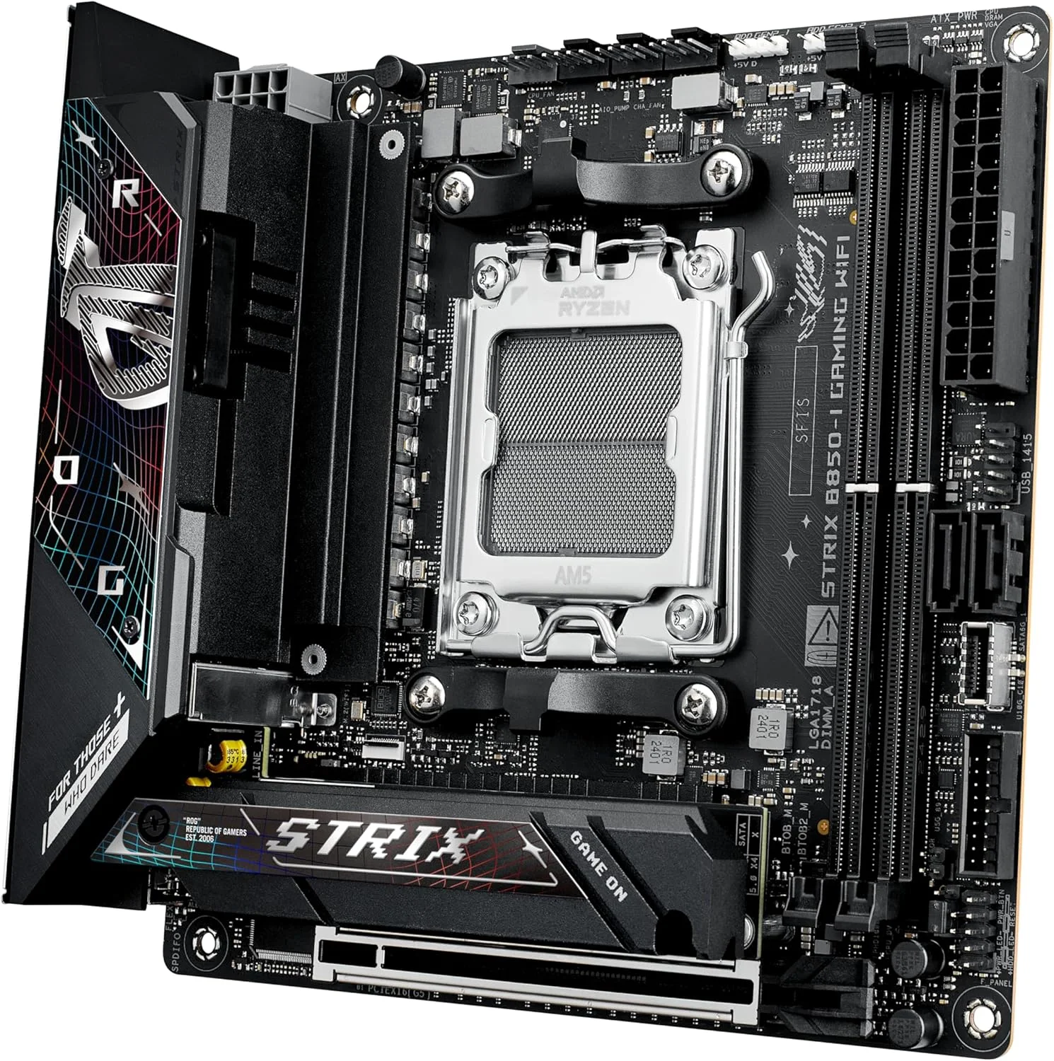 مادربرد ایسوس ROG Strix B850-I Gaming WiFi AMD AM5 B850 Mini-ITX mITX، با 10+2+1 فاز، DDR5، LAN 2.5G، WiFi 7، 2X M.2، PCIe® 5.0 x16، USB 20Gbps Type-C®، اورکلاک هوش مصنوعی، شبکه هوش مصنوعی II، Aura Sync