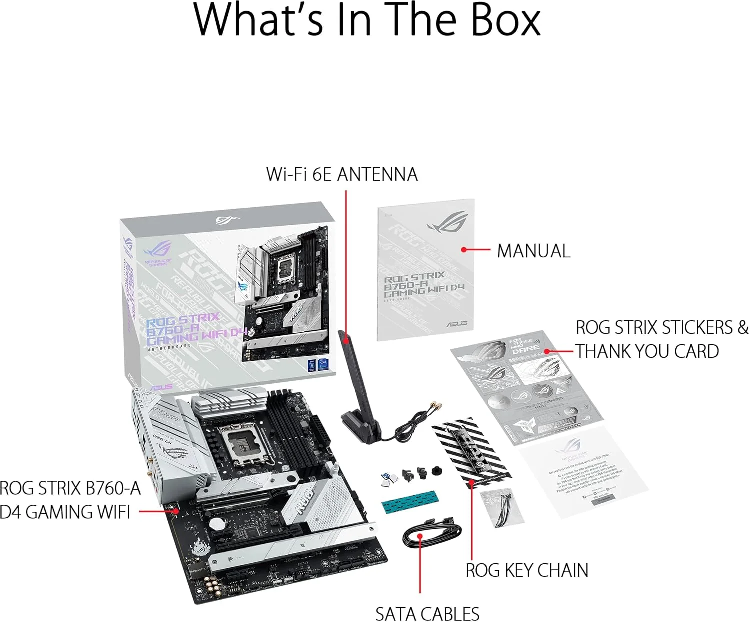 مادربرد ایسوس ROG Strix B760-A Gaming WiFi D4 Intel B760 (نسل سیزدهم و دوازدهم) LGA1700 سفید ATX، دارای 12+1 فاز قدرت، DDR4، PCIe 5.0، سه اسلات M.2، WiFi 6E، USB 3.2 Gen 2x2 Type-C® و Aura Sync RGB