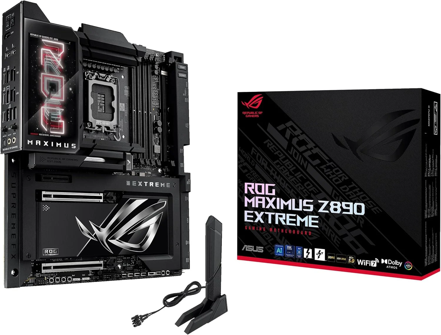 مادربرد ایسوس ROG MAXIMUS Z890 EXTREME Intel® Z890 LGA 1851 E-ATX، آماده برای هوش مصنوعی پیشرفته، 24+2+1+2 فاز، DDR5، WiFi7، LAN 2.5G/10G، PCIe® 5.0 M.2، Thunderbolt™ 5، USB Type-C®، AI OC، صفحه نمایش LCD 5 اینچی