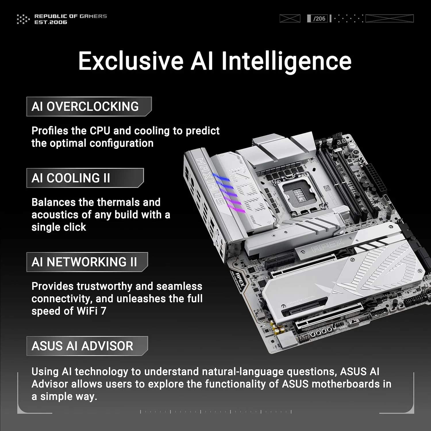 مادربرد ایسوس ROG MAXIMUS Z890 APEX Intel® Z890 LGA 1851 ATX، آماده برای هوش مصنوعی پیشرفته، 22+2+1+2 فاز، DDR5، WiFi 7، شبکه 5G، 3x PCIe® 5.0 M.2، Thunderbolt™ 4، USB Type-C®، اورکلاک هوش مصنوعی، خنک کننده و شبکه