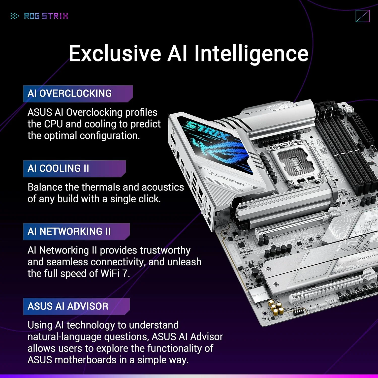 مادربرد ایسوس ROG Strix Z890-A Gaming WiFi Z890 LGA 1851 ATX، سری Intel® Core™ Ultra 2، آماده برای رایانه شخصی هوش مصنوعی پیشرفته، 16+2+1+2 مرحله، DDR5، WiFi 7، 2.5G، 5X M.2، Thunderbolt™ 4، USB Type-C، هوش مصنوعی