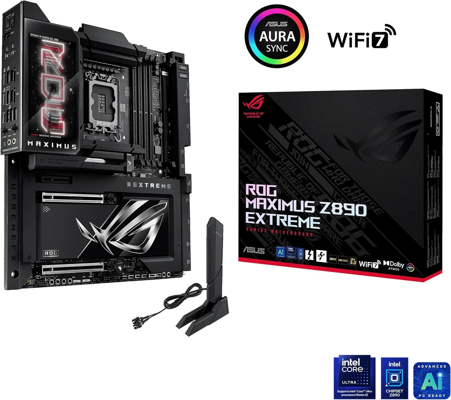 مادربرد ایسوس ROG MAXIMUS Z890 EXTREME Intel® Z890 LGA 1851 E-ATX، آماده برای هوش مصنوعی پیشرفته، 24+2+1+2 فاز، DDR5، WiFi7، LAN 2.5G/10G، PCIe® 5.0 M.2، Thunderbolt™ 5، USB Type-C®، AI OC، صفحه نمایش LCD 5 اینچی