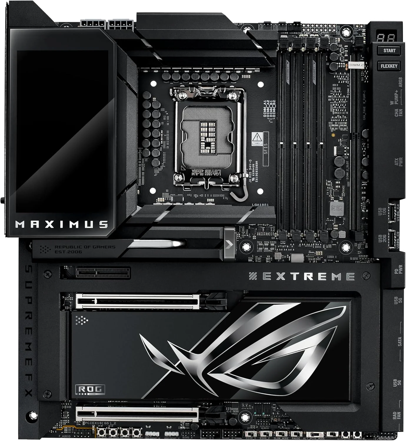 مادربرد ایسوس ROG MAXIMUS Z890 EXTREME Intel® Z890 LGA 1851 E-ATX، آماده برای هوش مصنوعی پیشرفته، 24+2+1+2 فاز، DDR5، WiFi7، LAN 2.5G/10G، PCIe® 5.0 M.2، Thunderbolt™ 5، USB Type-C®، AI OC، صفحه نمایش LCD 5 اینچی