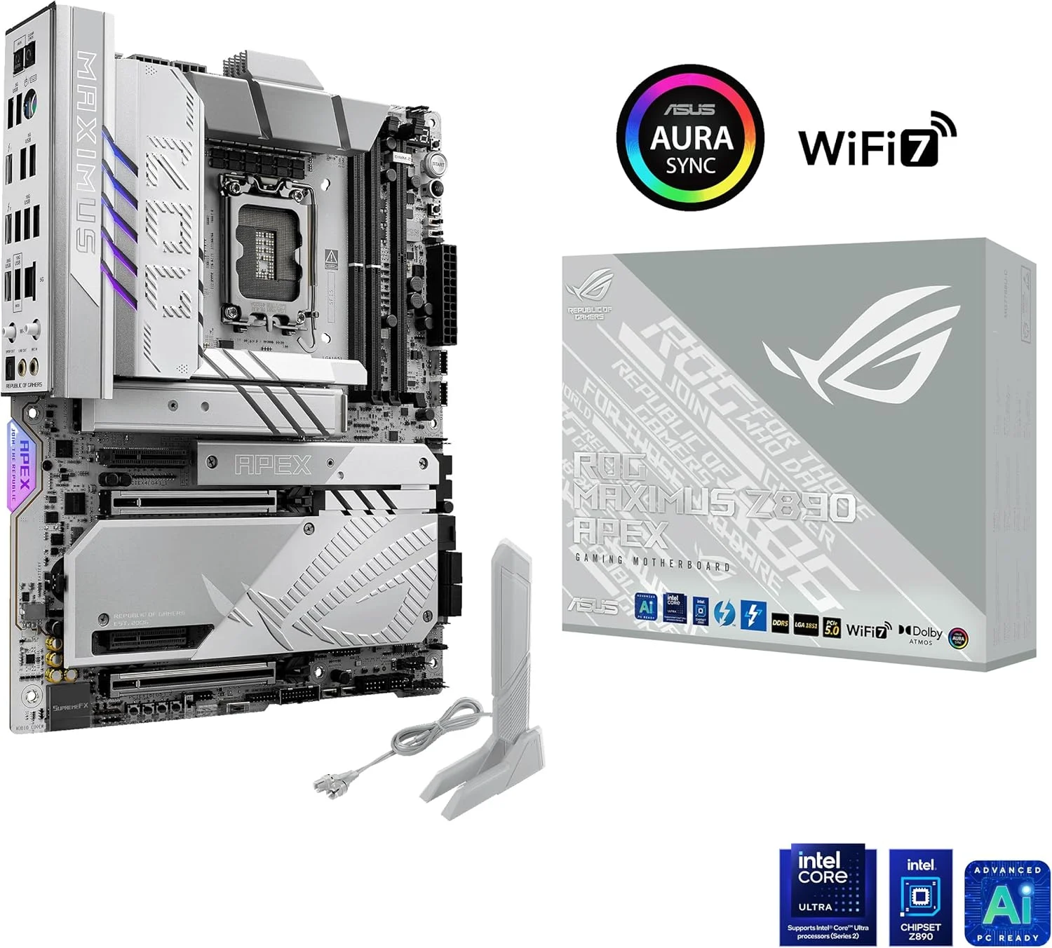 مادربرد ایسوس ROG MAXIMUS Z890 APEX Intel® Z890 LGA 1851 ATX، آماده برای هوش مصنوعی پیشرفته، 22+2+1+2 فاز، DDR5، WiFi 7، شبکه 5G، 3x PCIe® 5.0 M.2، Thunderbolt™ 4، USB Type-C®، اورکلاک هوش مصنوعی، خنک کننده و شبکه