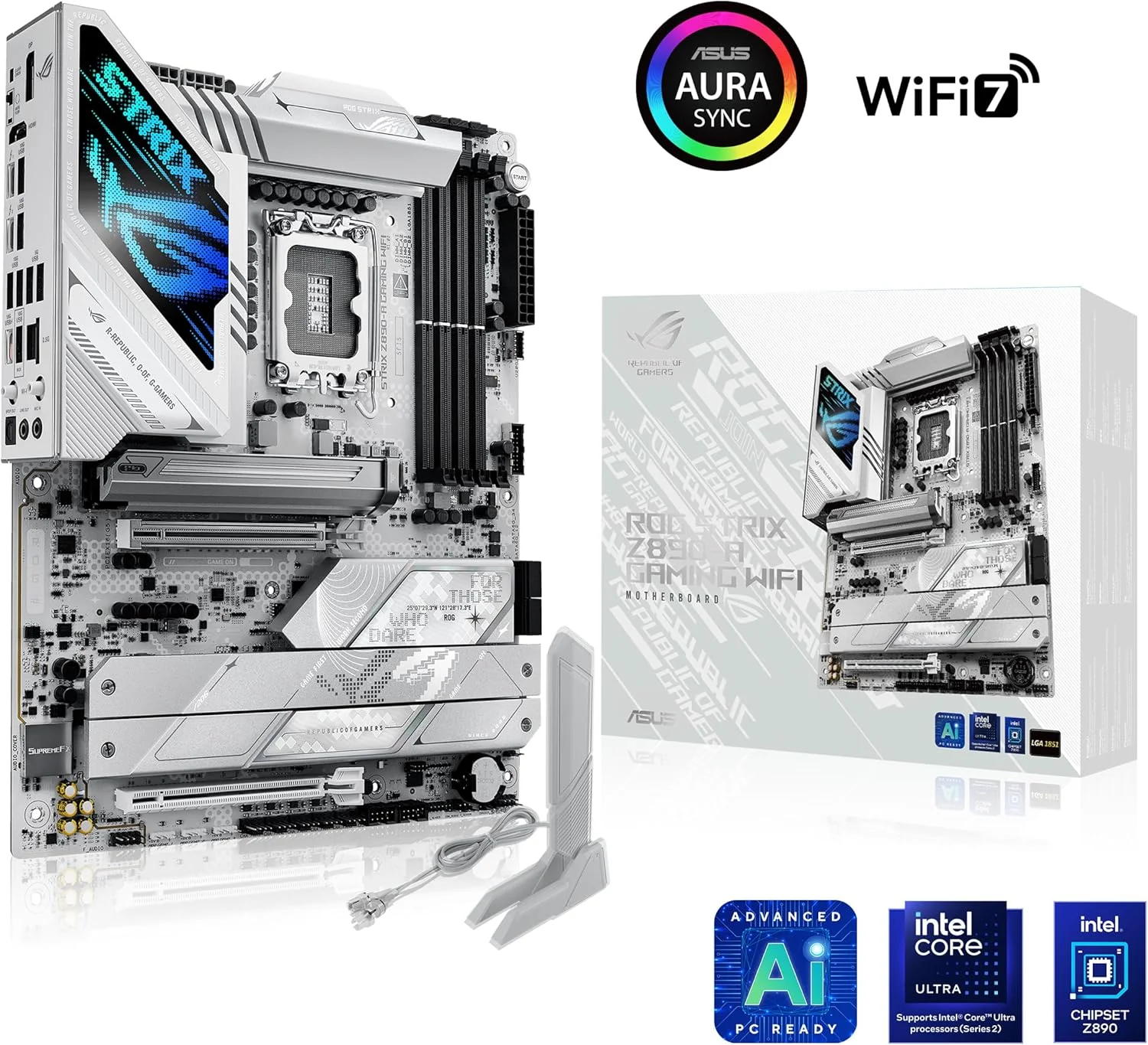 مادربرد ایسوس ROG Strix Z890-A Gaming WiFi Z890 LGA 1851 ATX، سری Intel® Core™ Ultra 2، آماده برای رایانه شخصی هوش مصنوعی پیشرفته، 16+2+1+2 مرحله، DDR5، WiFi 7، 2.5G، 5X M.2، Thunderbolt™ 4، USB Type-C، هوش مصنوعی