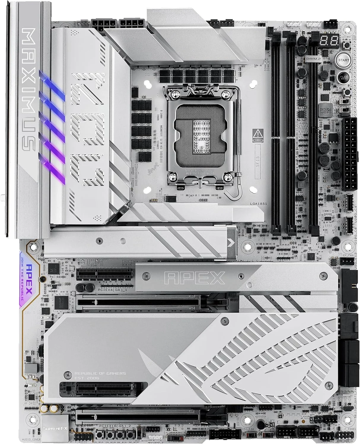 مادربرد ایسوس ROG MAXIMUS Z890 APEX Intel® Z890 LGA 1851 ATX، آماده برای هوش مصنوعی پیشرفته، 22+2+1+2 فاز، DDR5، WiFi 7، شبکه 5G، 3x PCIe® 5.0 M.2، Thunderbolt™ 4، USB Type-C®، اورکلاک هوش مصنوعی، خنک کننده و شبکه