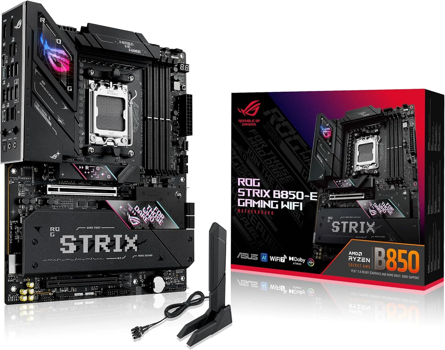 مادربرد ایسوس ROG Strix B850-E Gaming WiFi AMD AM5 B850 ATX با 16+2+2 فاز، اورکلاک پویا، Core Flex، DDR5 با AEMP، WiFi 7، 5X M.2، 5G LAN، PCIe® 5.0، USB4®، USB 20Gbps Type-C®، AI OC، AI Networking