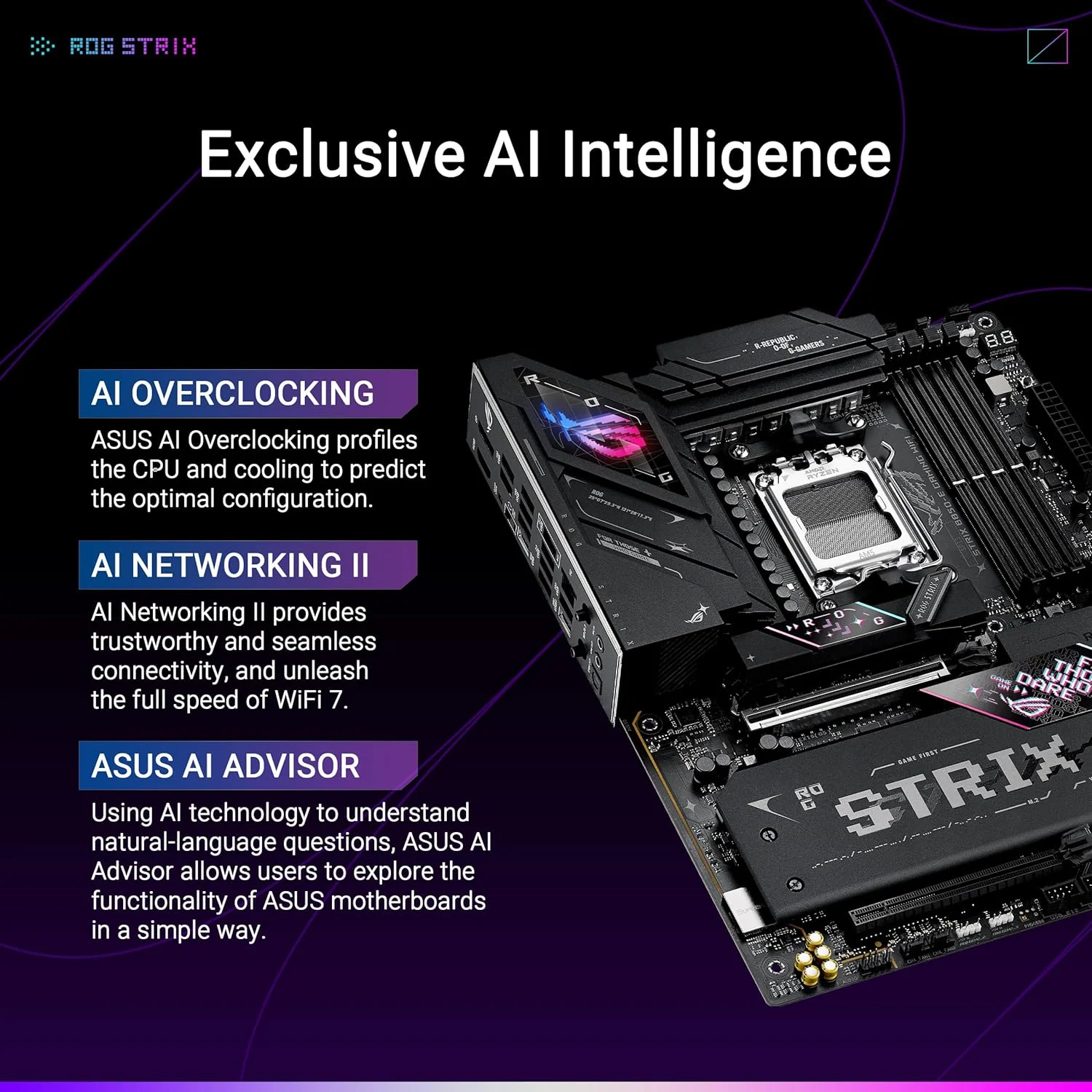 مادربرد ایسوس ROG Strix B850-E Gaming WiFi AMD AM5 B850 ATX با 16+2+2 فاز، اورکلاک پویا، Core Flex، DDR5 با AEMP، WiFi 7، 5X M.2، 5G LAN، PCIe® 5.0، USB4®، USB 20Gbps Type-C®، AI OC، AI Networking