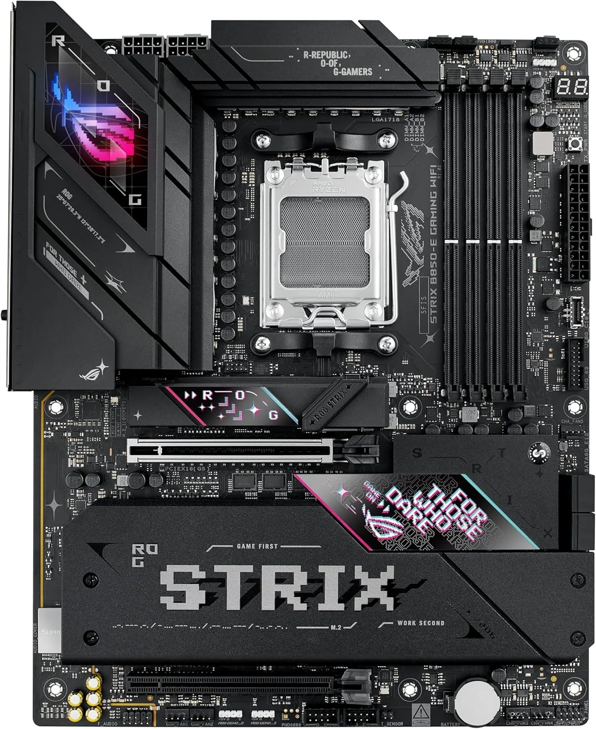 مادربرد ایسوس ROG Strix B850-E Gaming WiFi AMD AM5 B850 ATX با 16+2+2 فاز، اورکلاک پویا، Core Flex، DDR5 با AEMP، WiFi 7، 5X M.2، 5G LAN، PCIe® 5.0، USB4®، USB 20Gbps Type-C®، AI OC، AI Networking