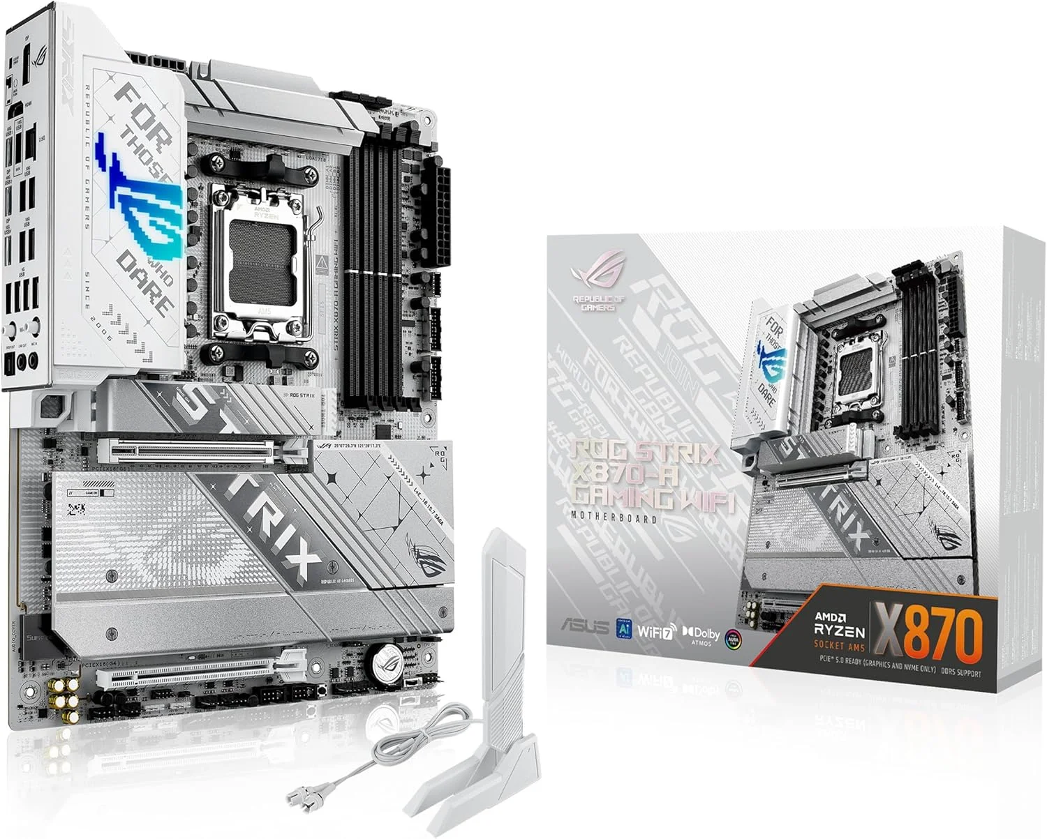 مادربرد ایسوس ROG Strix X870-A Gaming WiFi AMD AM5 X870 ATX با 16+2+2 فاز قدرت، Dynamic OC Switcher، Core Flex، DDR5 AEMP، WiFi 7، 4X M.2، PCIe® 5.0، Q-Release Slim، USB4®، AI OCing & Networking
