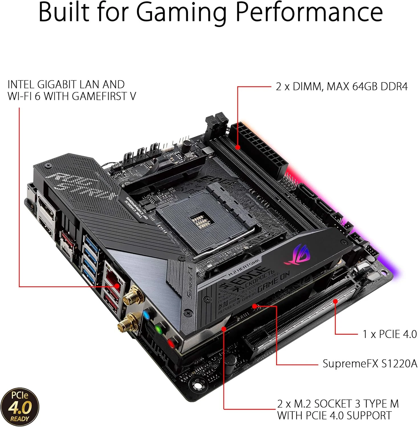 مادربرد گیمینگ ASUS ROG Strix X570-I، مادربرد گیمینگ X570 Mini-ITX، AMD Ryzen 3000 با PCIe 4.0، WiFi 6 (802.11ax)، اینتل گیگابیت اترنت، SATA 6Gb/s