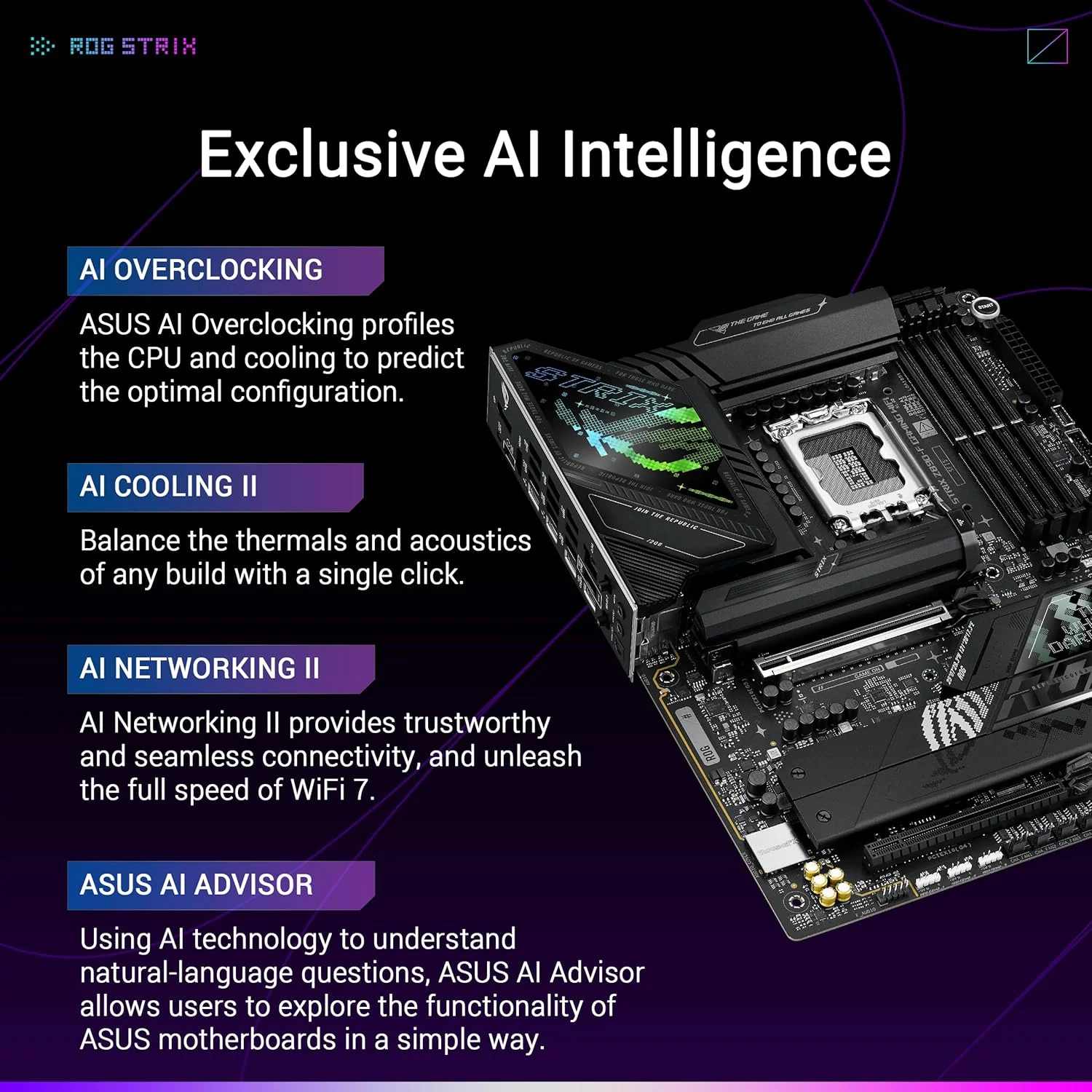 مادربرد ASUS ROG Strix Z890-F Gaming WiFi Intel® Z890 LGA 1851 ATX، آماده برای هوش مصنوعی پیشرفته، 16+2+1+2 مرحله، DDR5، WiFi 7، 5X M.2، Thunderbolt™ 4، USB Type-C®، اورکلاک هوش مصنوعی، خنک کننده و شبکه