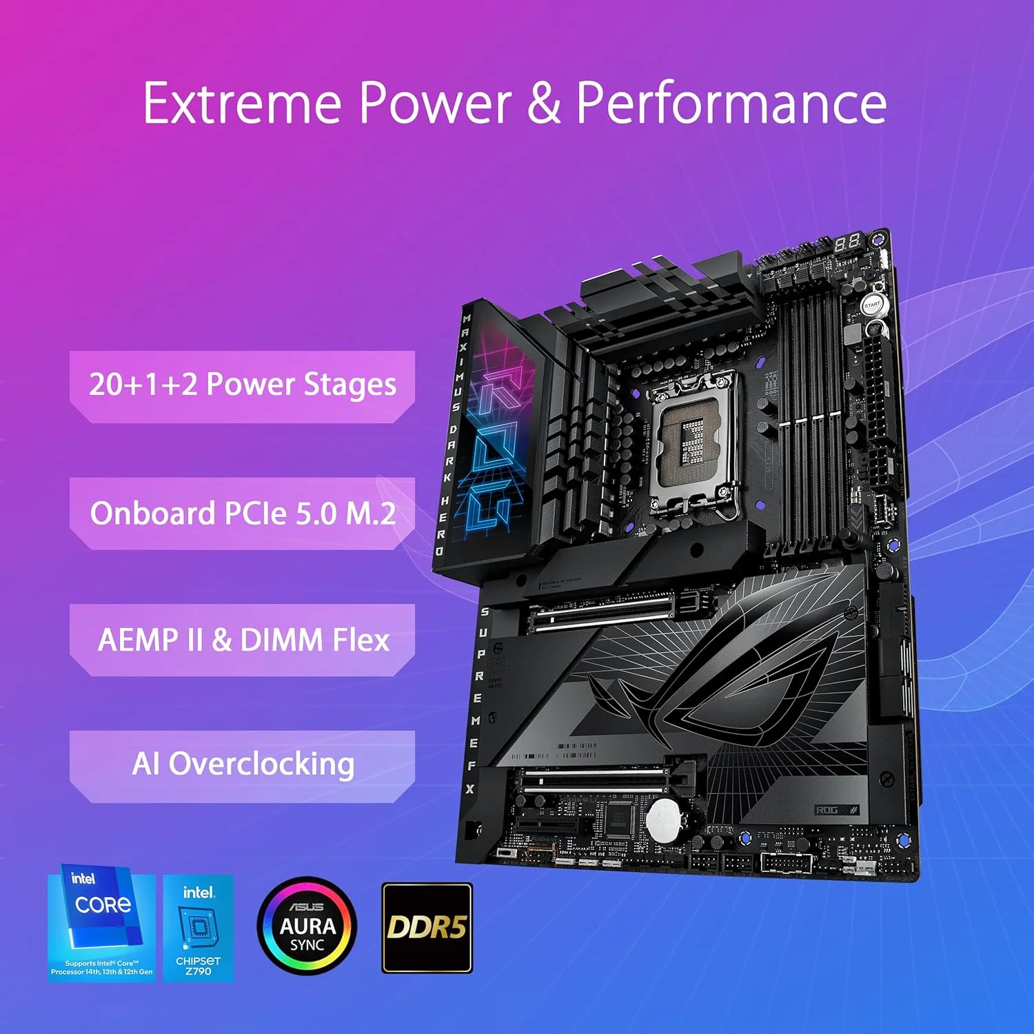 مادربرد گیمینگ ایسوس ROG Maximus Z790 Dark Hero (WiFi 7) LGA 1700 (نسل 14، 13 و 12 اینتل) ATX (PCIe 5.0x16، 5xM.2 Slots، DDR5، 2x Thunderbolt 4 Ports، USB Type-C Front-Panel)