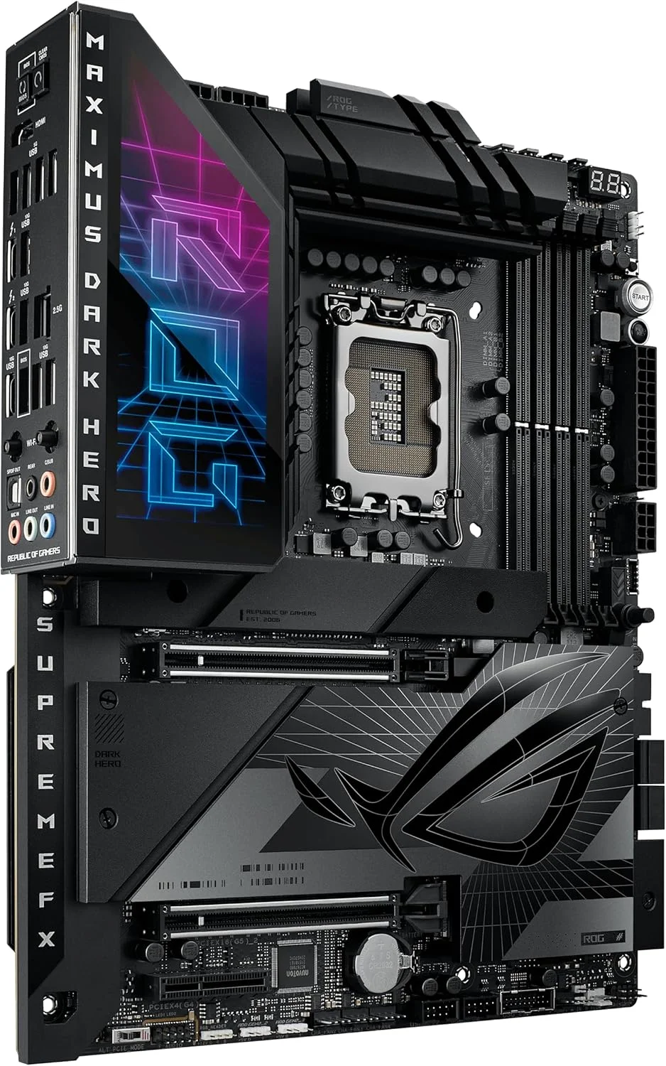 مادربرد گیمینگ ایسوس ROG Maximus Z790 Dark Hero (WiFi 7) LGA 1700 (نسل 14، 13 و 12 اینتل) ATX (PCIe 5.0x16، 5xM.2 Slots، DDR5، 2x Thunderbolt 4 Ports، USB Type-C Front-Panel)