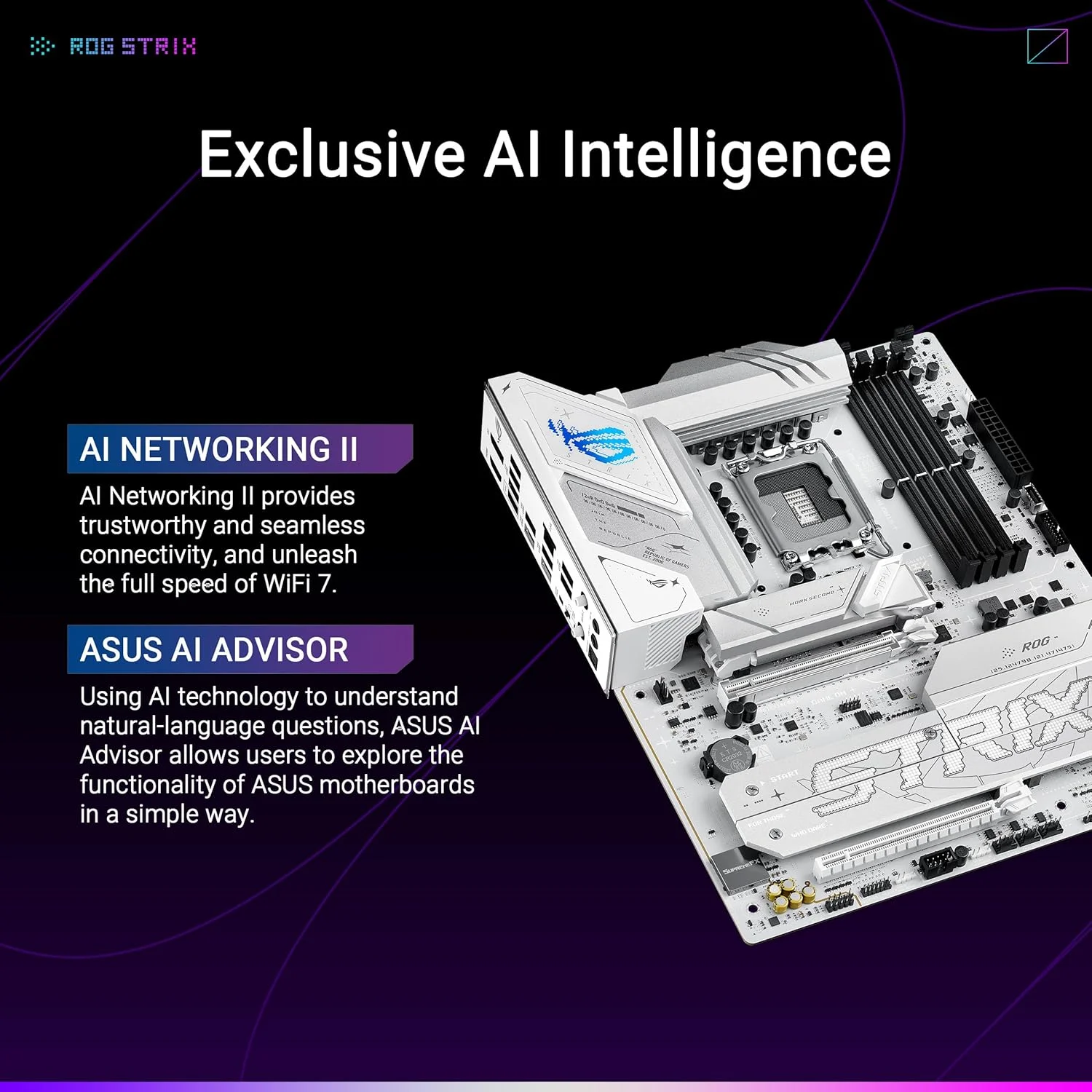 مادربرد ایسوس ROG STRIX B860-A GAMING WIFI: اینتل LGA 1851، 1 اسلات PCIe 5.0 x16 SafeSlot، 1 اسلات PCIe 4.0 x16، 4 اسلات DIMM DDR5 9066+ MT/s، 4 اسلات M.2، Ez PC DIY - سفید