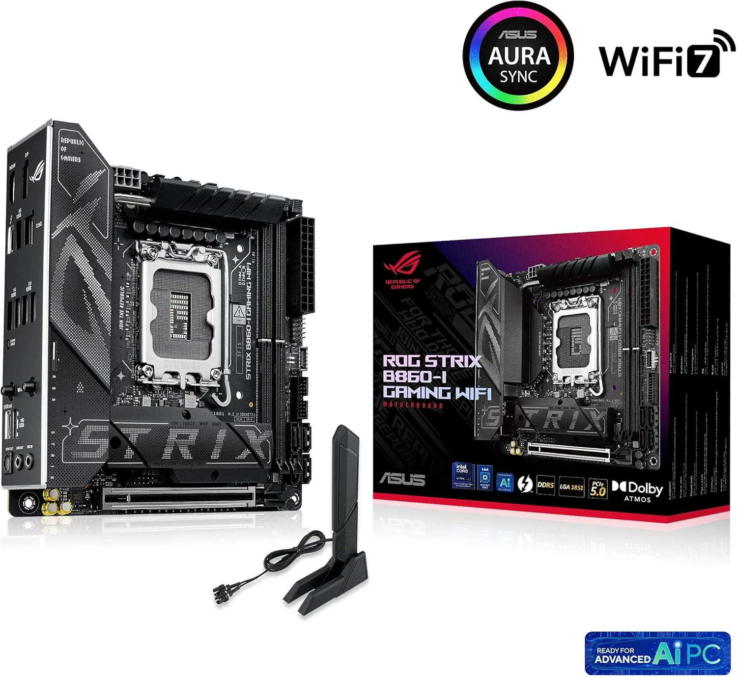 مادربرد ASUS ROG STRIX B860-I GAMING WIFI B860 LGA 1851 mITX Mini-ITX، آماده برای پردازنده‌های Intel® Core™ Ultra Series 2، آماده برای هوش مصنوعی پیشرفته، 10+1+2+1 مرحله، DDR5، 2.5G LAN، WiFi7، M.2، Thunderbolt™ 4، USB Type-C®