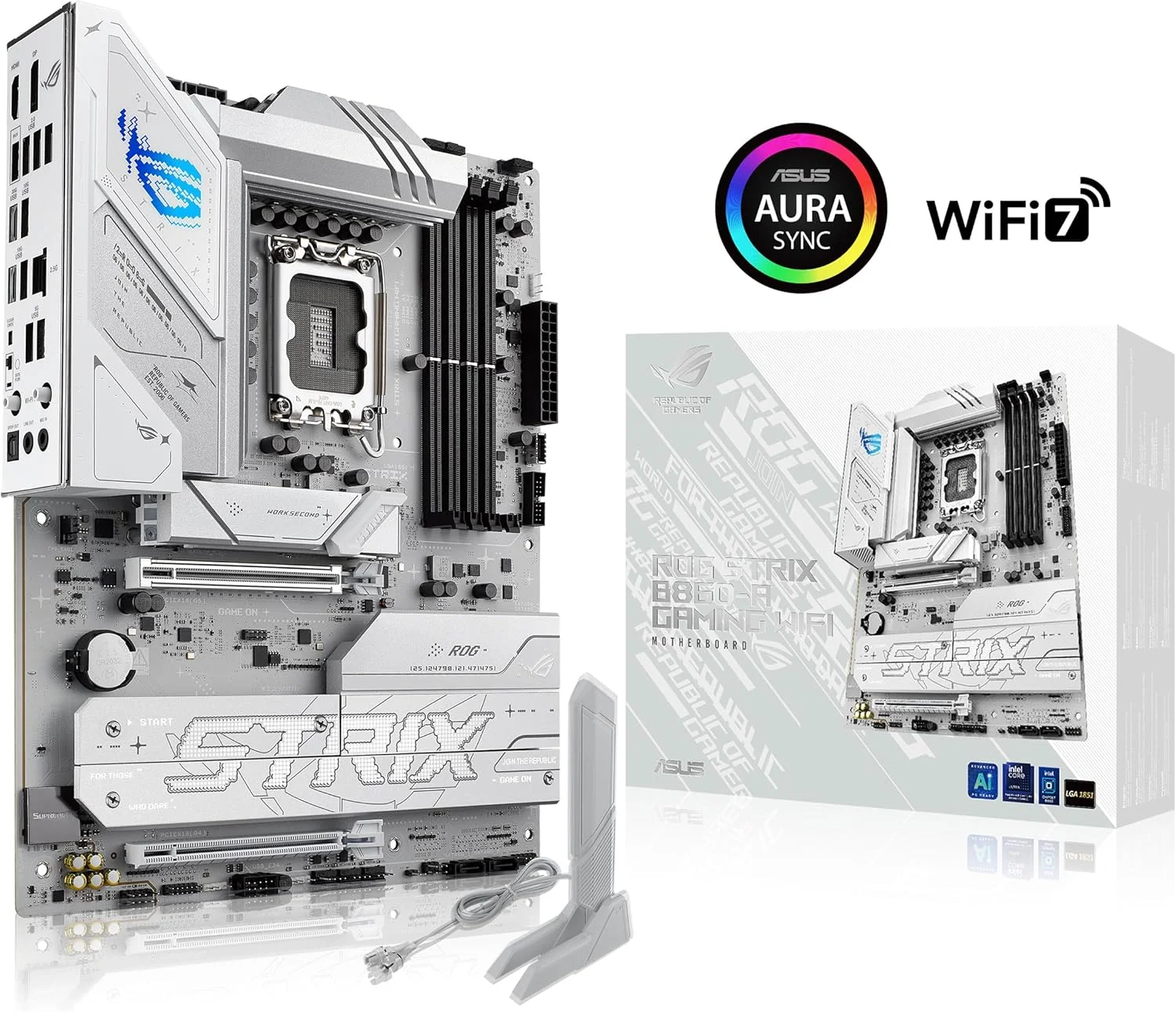 مادربرد ایسوس ROG STRIX B860-A GAMING WIFI: اینتل LGA 1851، 1 اسلات PCIe 5.0 x16 SafeSlot، 1 اسلات PCIe 4.0 x16، 4 اسلات DIMM DDR5 9066+ MT/s، 4 اسلات M.2، Ez PC DIY - سفید
