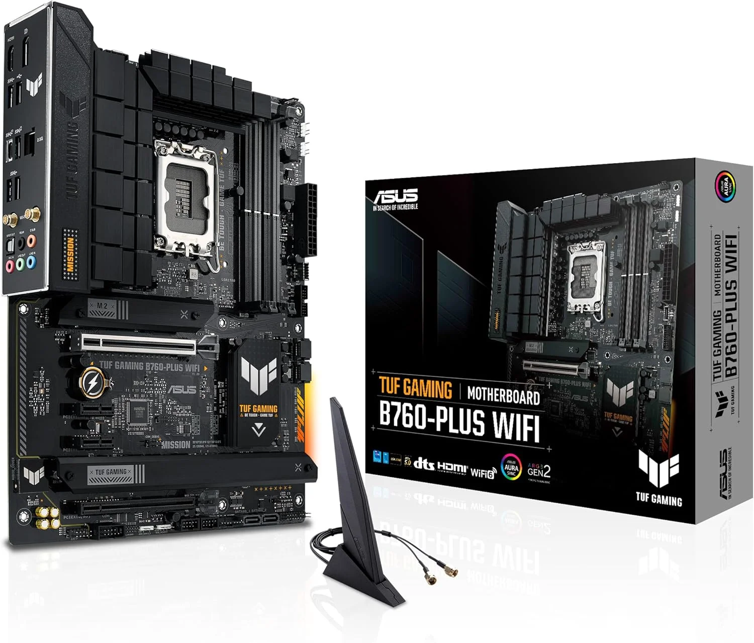 مادربرد ASUS TUF GAMING B760-PLUS WIFI (نسل سیزدهم و دوازدهم) LGA 1700 ATX با PCIe 5.0، 3 اسلات PCIe 4.0 M.2، DDR5، LAN 2.5Gb، USB 3.2 Gen 2x2 Type-C، USB 3.2 Gen 2 Type-C در جلو، Thunderbolt 4، AEMP II