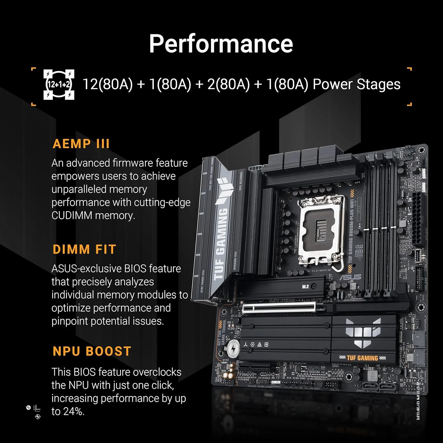 مادربرد ASUS TUF Gaming B860M-PLUS WiFi B860 LGA 1851 mATX، آماده برای پردازنده‌های Intel® Core™ Ultra Series 2، هوش مصنوعی PC، 12+1+2+1 فاز 80A، DDR5، PCIe 5.0، 3X M.2، Wi-Fi 7، 2.5G LAN، HDMI™، USB 20Gbps Type-C®
