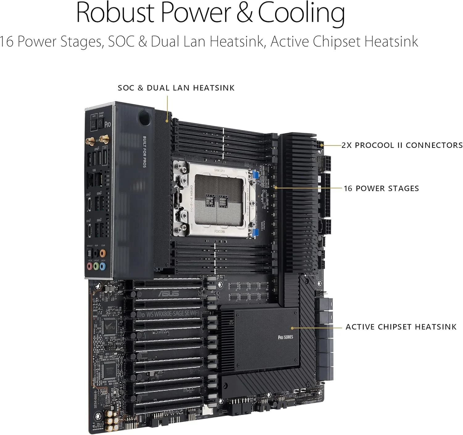 مادربرد ورک استیشن ASUS Pro WS WRX80E-SAGE SE WIFI AMD Threadripper Pro EATX (PCIe 4.0، ASMB9-iKVM، 2x10Gb LAN، 7xPCIe 4.0 X16 slots، 3xM.2، 2xU.2 ports، 11 USB 3.2 Gen 2 ports، 8-channel DDR4 ECC)