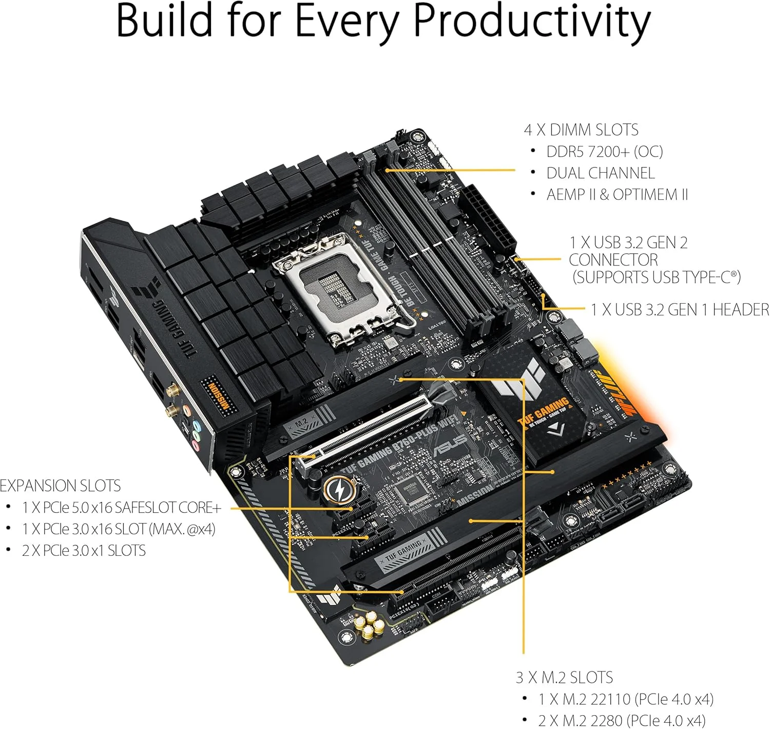 مادربرد ASUS TUF GAMING B760-PLUS WIFI (نسل سیزدهم و دوازدهم) LGA 1700 ATX با PCIe 5.0، 3 اسلات PCIe 4.0 M.2، DDR5، LAN 2.5Gb، USB 3.2 Gen 2x2 Type-C، USB 3.2 Gen 2 Type-C در جلو، Thunderbolt 4، AEMP II