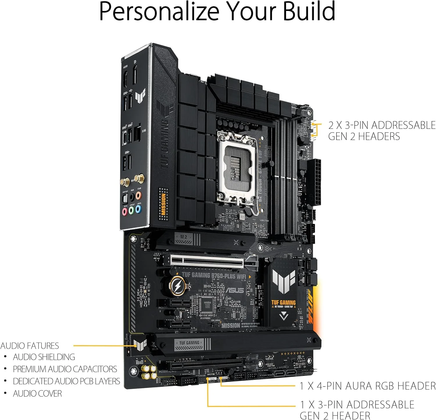 مادربرد ASUS TUF GAMING B760-PLUS WIFI (نسل سیزدهم و دوازدهم) LGA 1700 ATX با PCIe 5.0، 3 اسلات PCIe 4.0 M.2، DDR5، LAN 2.5Gb، USB 3.2 Gen 2x2 Type-C، USB 3.2 Gen 2 Type-C در جلو، Thunderbolt 4، AEMP II