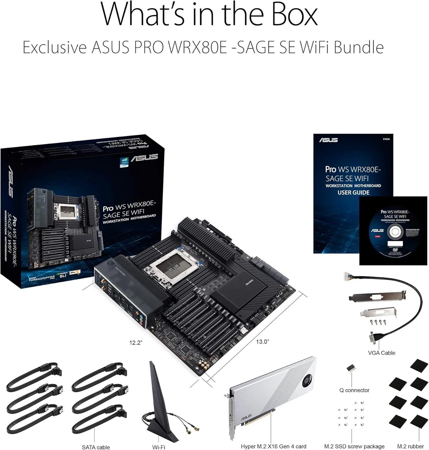 مادربرد ورک استیشن ASUS Pro WS WRX80E-SAGE SE WIFI AMD Threadripper Pro EATX (PCIe 4.0، ASMB9-iKVM، 2x10Gb LAN، 7xPCIe 4.0 X16 slots، 3xM.2، 2xU.2 ports، 11 USB 3.2 Gen 2 ports، 8-channel DDR4 ECC)