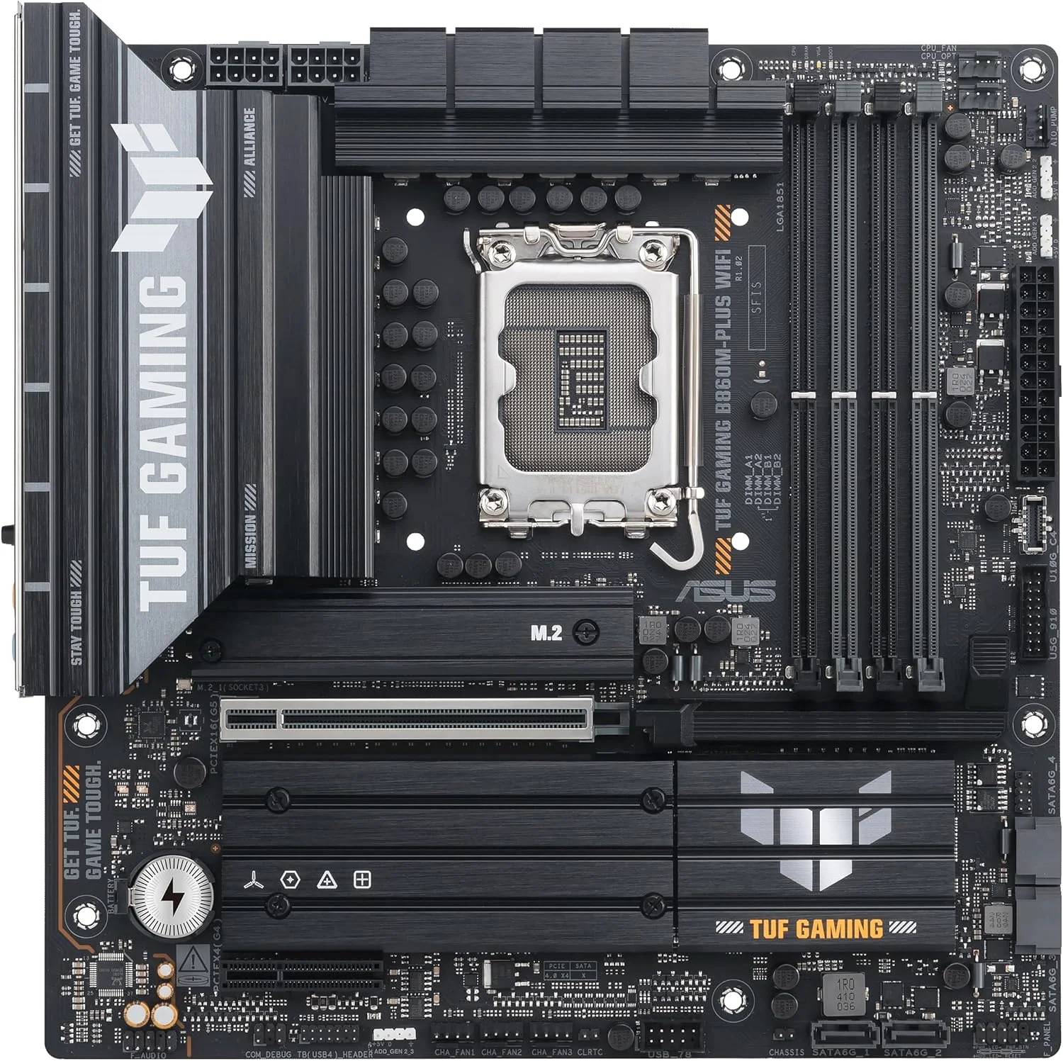مادربرد ASUS TUF Gaming B860M-PLUS WiFi B860 LGA 1851 mATX، آماده برای پردازنده‌های Intel® Core™ Ultra Series 2، هوش مصنوعی PC، 12+1+2+1 فاز 80A، DDR5، PCIe 5.0، 3X M.2، Wi-Fi 7، 2.5G LAN، HDMI™، USB 20Gbps Type-C®
