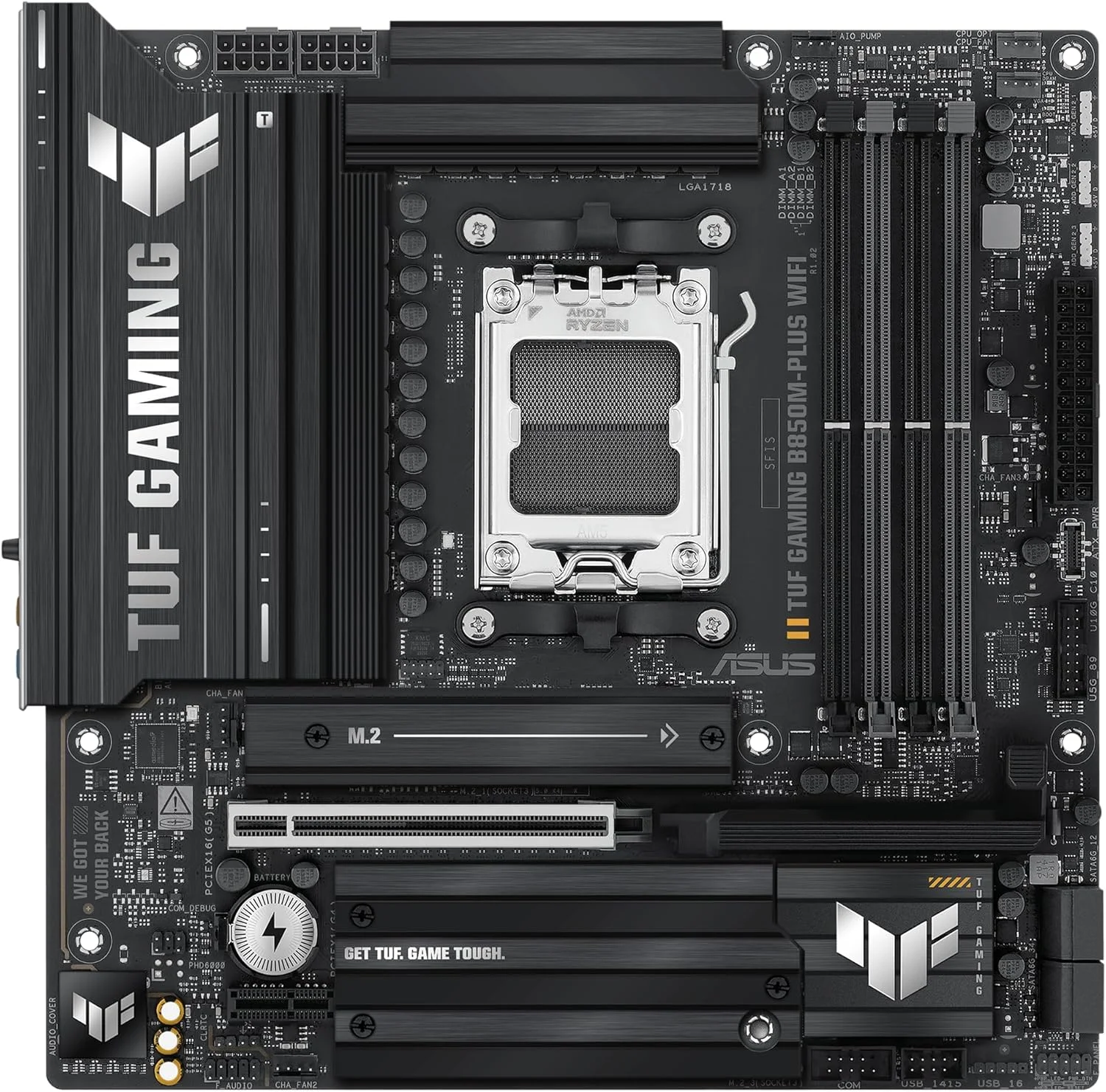 مادربرد ASUS TUF Gaming B850M-PLUS WiFi AMD AM5 B850 mATX، دارای 14+2+1 فاز DrMOS 80A، DDR5، PCIe 5.0، 3X M.2، Wi-Fi 6E، LAN 2.5Gb، DP، HDMI™، USB 10Gbps و 20Gbps Type-C®، BIOS Flashback™، Aura Sync