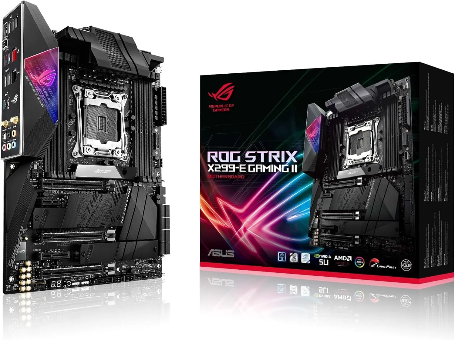 مادربرد ایسوس ROG Strix X299-E Gaming II (Intel X299) ATX با سوکت LGA 2066، دارای Wi-Fi 6 (802.11ax)، شبکه 2.5 گیگابیتی، USB 3.2 Gen 2، SATA، سه اسلات M.2، OLED و نورپردازی Aura Sync RGB، رنگ مشکی، مدل 90Mb11A0-M0Eay0