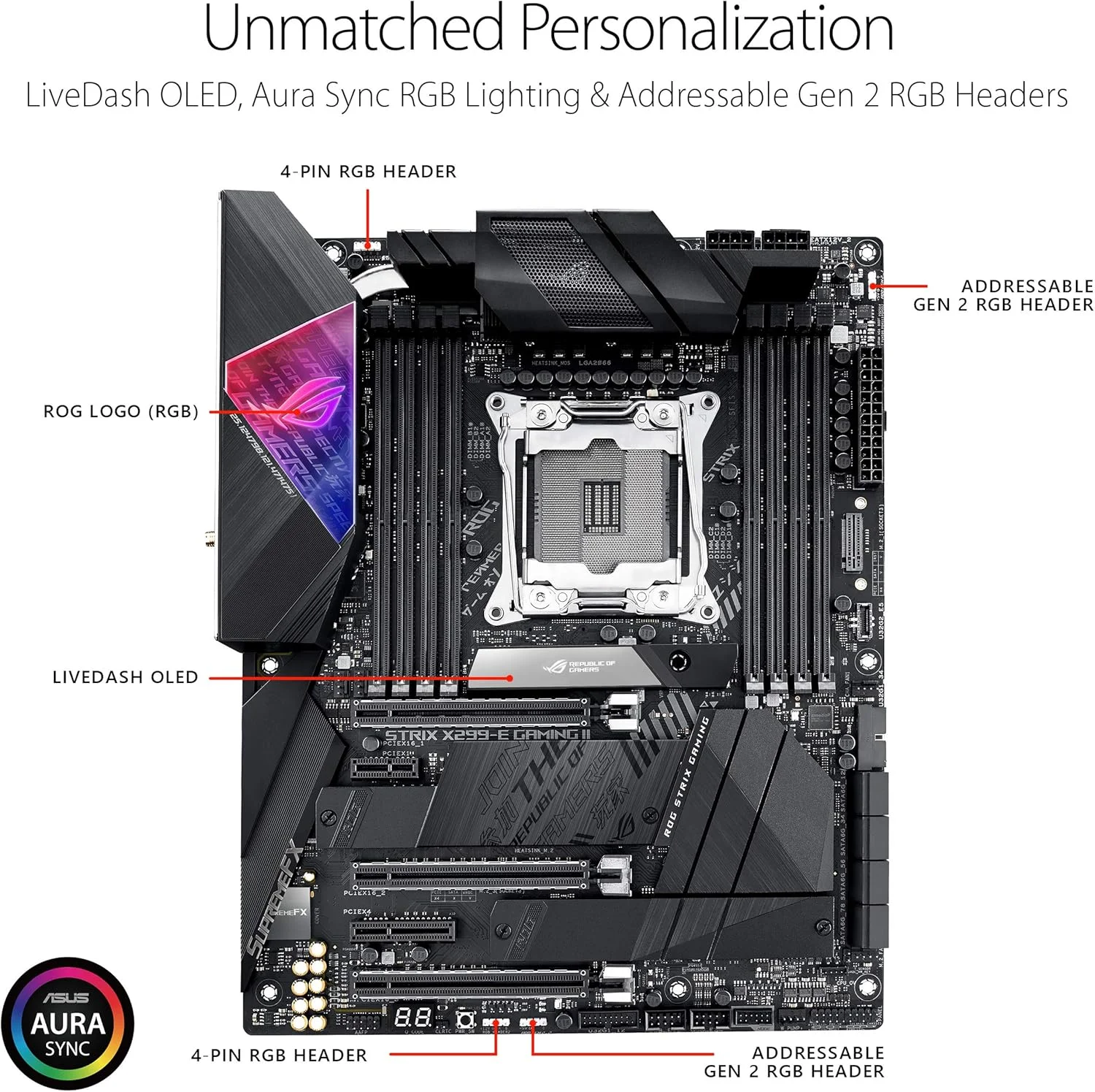 مادربرد ایسوس ROG Strix X299-E Gaming II (Intel X299) ATX با سوکت LGA 2066، دارای Wi-Fi 6 (802.11ax)، شبکه 2.5 گیگابیتی، USB 3.2 Gen 2، SATA، سه اسلات M.2، OLED و نورپردازی Aura Sync RGB، رنگ مشکی، مدل 90Mb11A0-M0Eay0