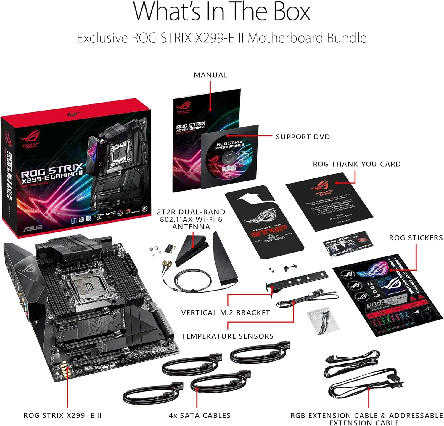 مادربرد ایسوس ROG Strix X299-E Gaming II (Intel X299) ATX با سوکت LGA 2066، دارای Wi-Fi 6 (802.11ax)، شبکه 2.5 گیگابیتی، USB 3.2 Gen 2، SATA، سه اسلات M.2، OLED و نورپردازی Aura Sync RGB، رنگ مشکی، مدل 90Mb11A0-M0Eay0