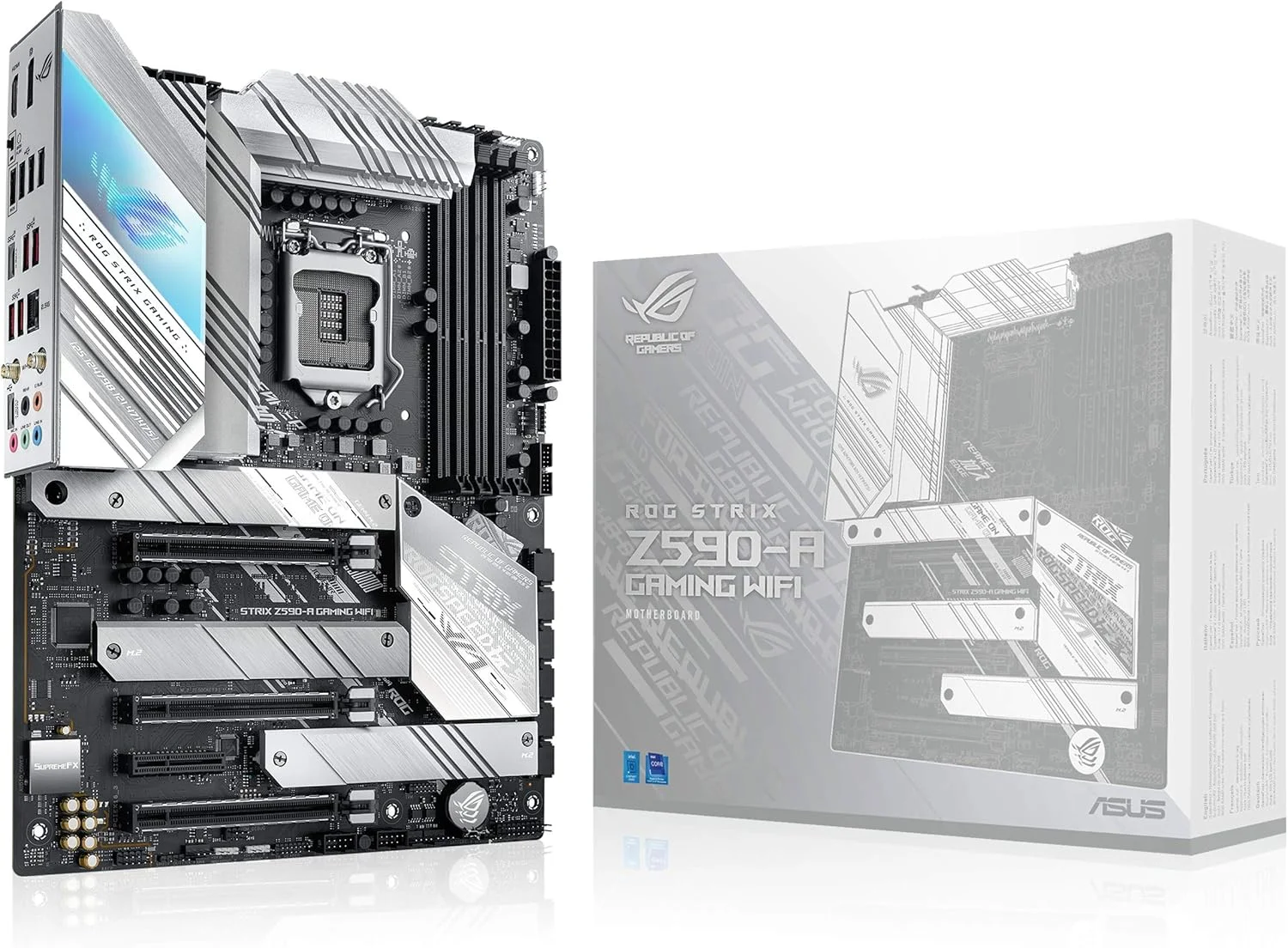 مادربرد گیمینگ ROG Strix Z590-A Gaming WiFi 6 LGA 1200 (Intel® 11th/10th Gen) ATX با طرح سفید (PCIe 4.0، 14+2 Power Stages، WiFi 6، Intel® 2.5 Gb LAN، Thunderbolt™ 4، 3x M.2/NVMe SSD، AURA RGB)