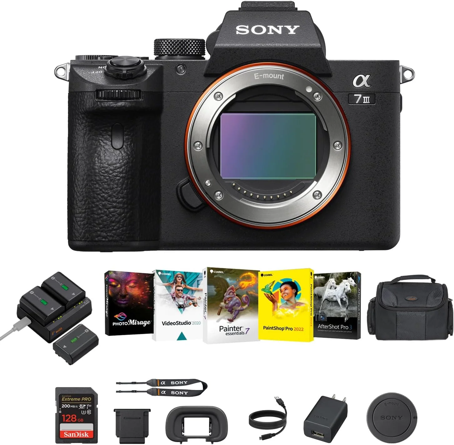 دوربین بدون آینه سونی a7 III (مشکی) - دوربین دیجیتال فول فریم 24 مگاپیکسلی به همراه کیت باتری و شارژر دوتایی، کیت نرم افزاری Corel، کارت حافظه 128 گیگابایتی SDXC و کیف بزرگ DSLR - بسته ضروری