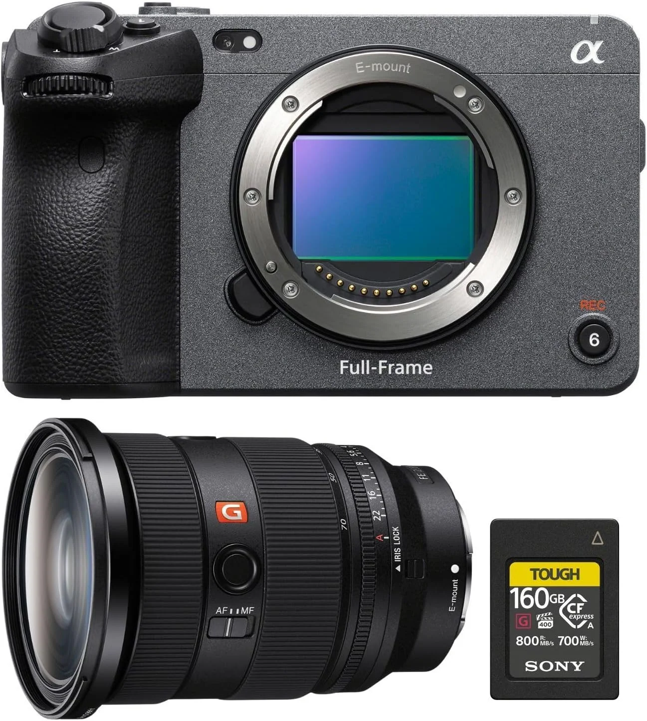 دوربین سینمایی فول فریم سونی FX3 به همراه لنز Sony FE 24-70mm f/2.8 GM II و کارت حافظه Sony Tough 160GB CFexpress Type A (مجموعه 3 عددی)