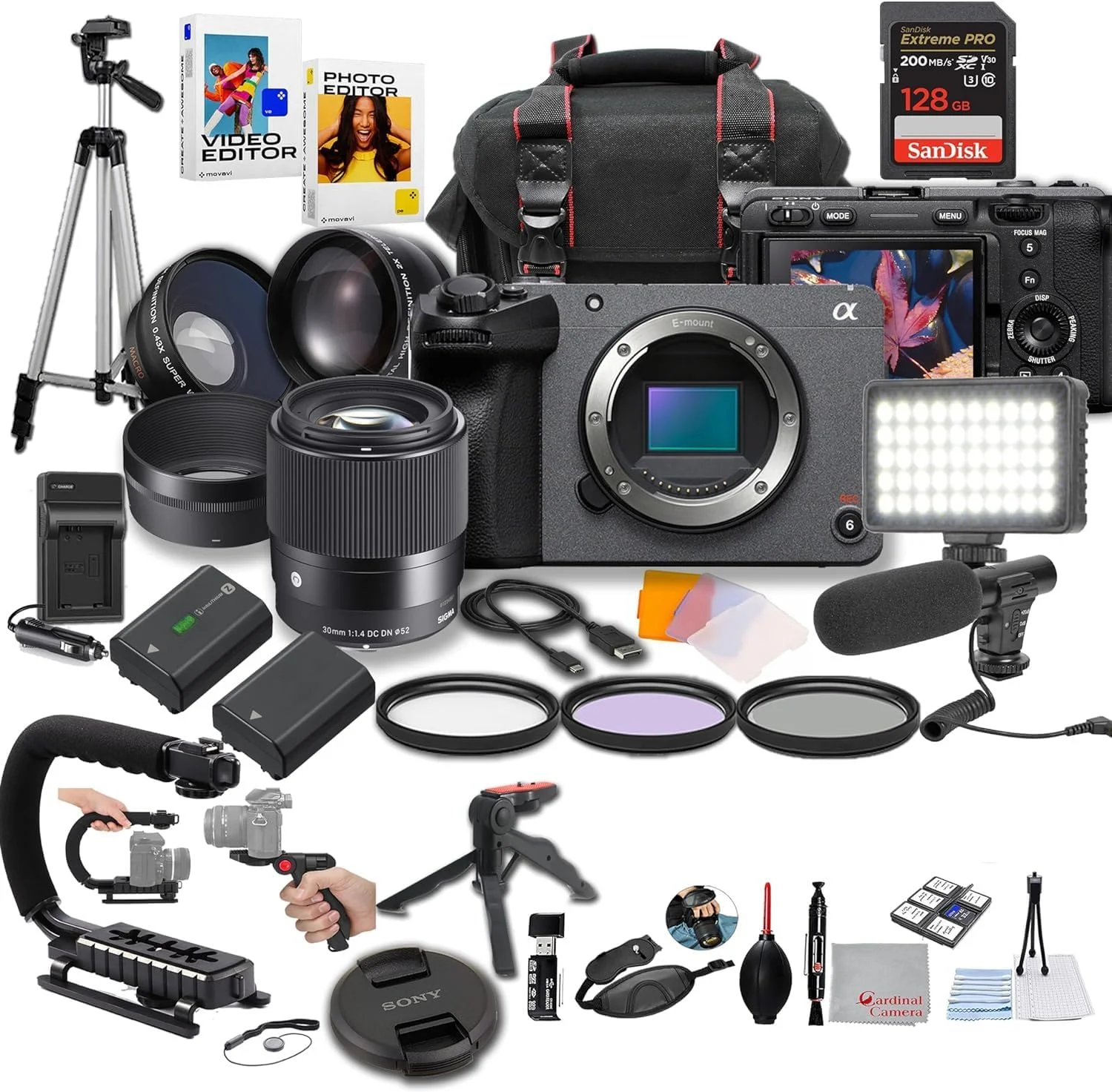 دوربین فیلمبرداری سینمایی سونی FX30 به همراه لنز سیگما 30mm f/1.4 DC DN، نور LED، میکروفون، کارت حافظه 128 گیگابایتی Extreme Speed، یو گریپ، فیلترها، سه پایه، کیف، نرم افزار و موارد دیگر، بسته ویدیویی