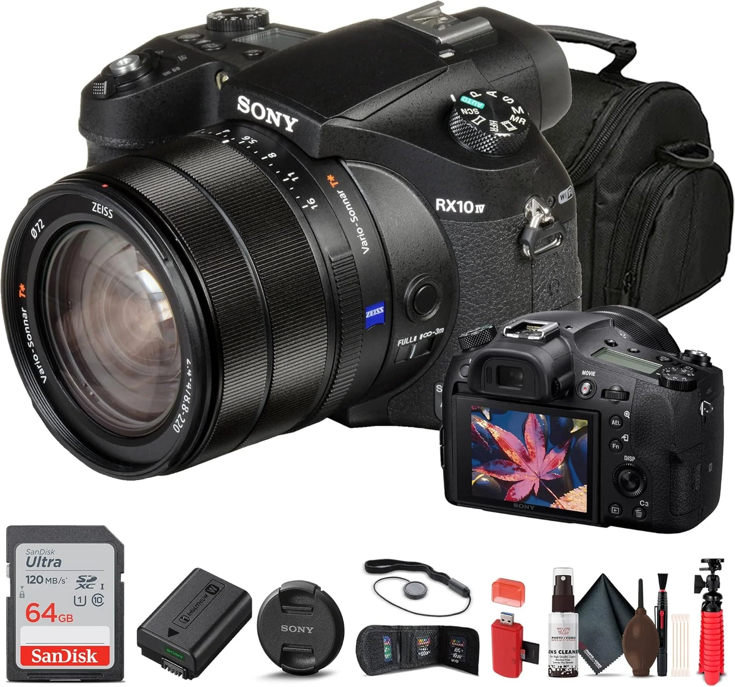 دوربین دیجیتال سونی Cyber-Shot DSC-RX10 IV (DSCRX10M4/B) به همراه کارت حافظه 64 گیگابایتی + کارت خوان + کیف + سه پایه انعطاف پذیر + بند دستی + کیف پول حافظه + نگهدارنده درب لنز + کیت تمیز کننده