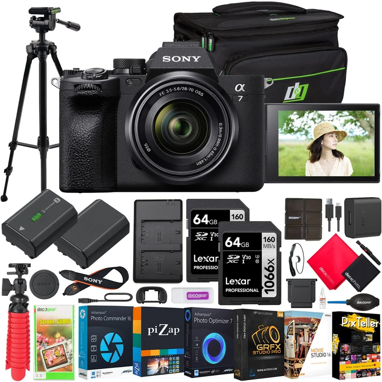 دوربین بدون آینه فول فریم سونی a7 IV با لنز 28-70mm F3.5-5.6 مدل ILCE-7M4K/B | مدل رسمی شریک سونی آمریکا | همراه با کیف عکاسی Deco Gear + سه پایه + باتری اضافی + شارژر