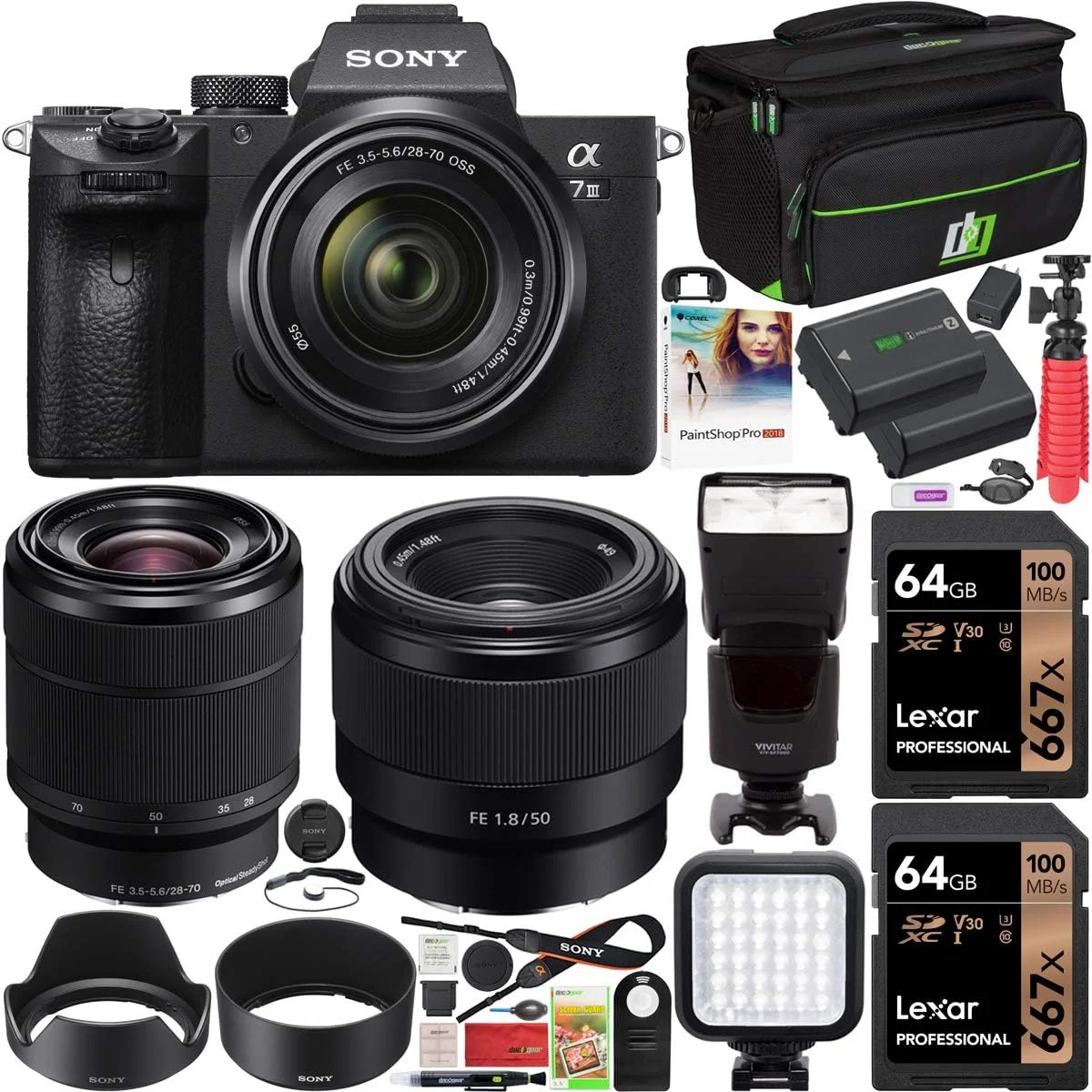 دوربین بدون آینه فول فریم سونی ILCE-7M3K/B a7III با کیت 2 لنز SEL2870 FE 28-70 mm F3.5-5.6 OSS + SEL50F18F FE 50mm F1.8 به همراه 2 عدد حافظه 64 گیگابایتی، کیف Deco Gear و لوازم جانبی (15 قطعه)