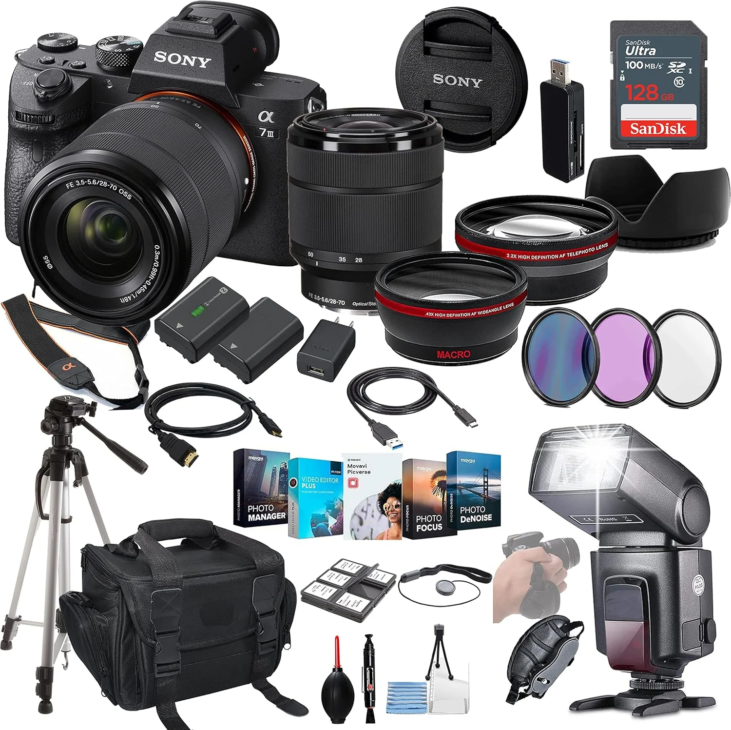 دوربین بدون آینه سونی a7 III با لنز 28-70mm - ILCE7M3K/B + بسته لوازم جانبی اصلی شامل حافظه 128 گیگابایتی، فلاش TTL، باتری جایگزین، بسته نرم افزاری ویرایش، لنزهای کمکی و موارد دیگر