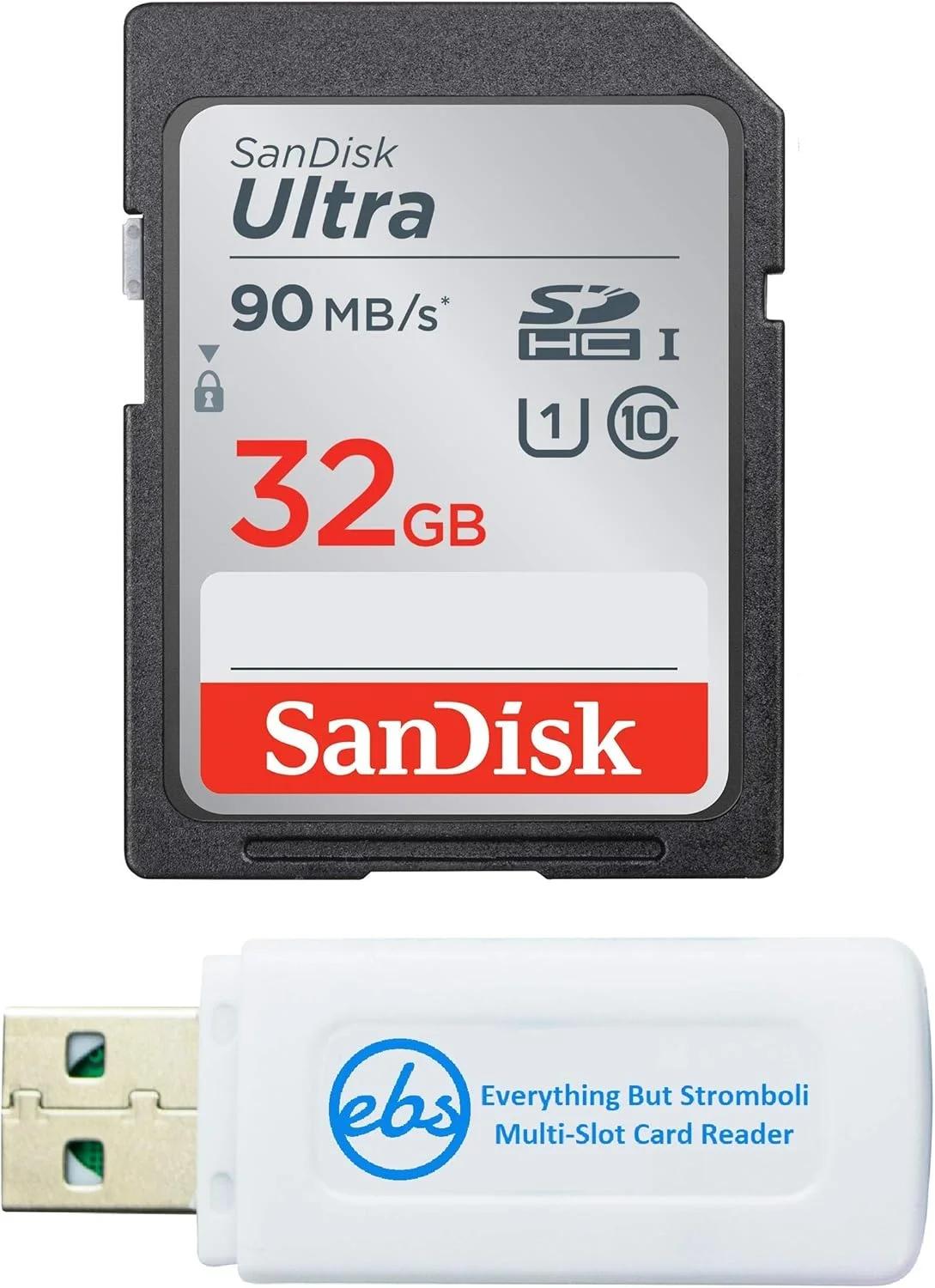 کارت حافظه SanDisk Sony DSCW800 SD Ultra 80mb/s برای دوربین دیجیتال Sony Cybershot مشکی/نقره ای 20.1 مگاپیکسل به همراه کارت خوان حافظه Everything But Stromboli (TM) آبی 32 گیگابایتی SD_Ultra_R6BKEBS