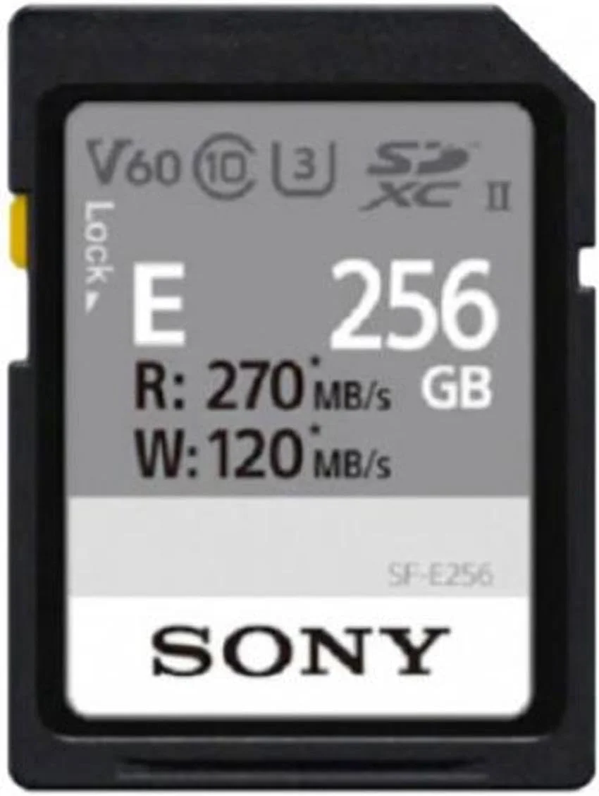کارت حافظه SDXC UHS-II سری E سونی 256 گیگابایت، V60، CL10، U3، حداکثر سرعت خواندن 270 مگابایت بر ثانیه، نوشتن 120 مگابایت بر ثانیه (SF-E256/T1)، مشکی، کوچک