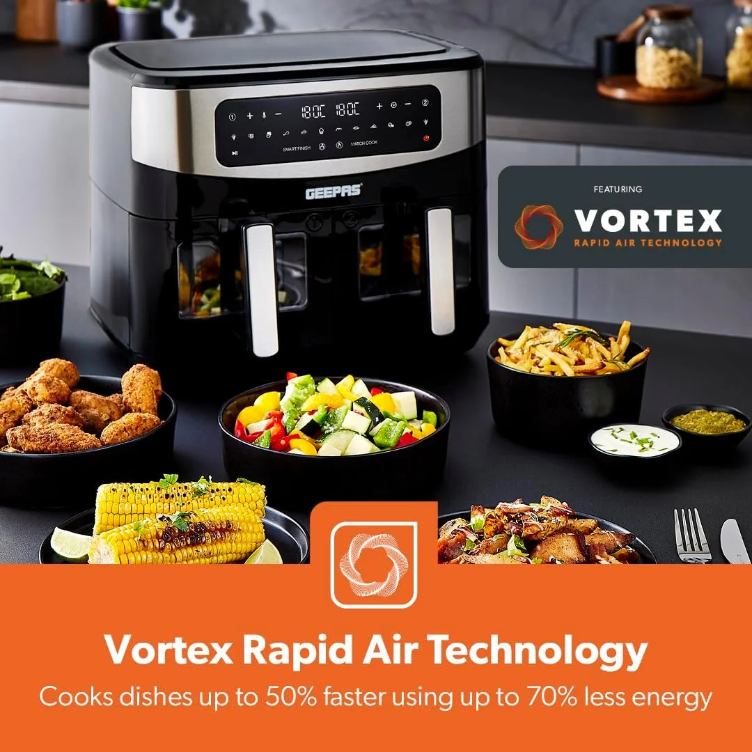 سرخ کن هواپز دو سبد 9 لیتری جیپاس با فناوری Vortex - سایز خانواده، 10 در 1، دارای صفحه لمسی LED دیجیتال، تایمر 60 دقیقه ای و سبدهای نچسب، فر توستر بدون روغن | 2 سال گارانتی سرخ کن هواپز دو سبد 9 لیتری جیپاس با فناوری Vortex - سایز خانواده، 10 در 1، دارای صفحه لمسی LED دیجیتال، تایمر 60 دقیقه ای و سبدهای نچسب، فر توستر بدون روغن | 2 سال گارانتی