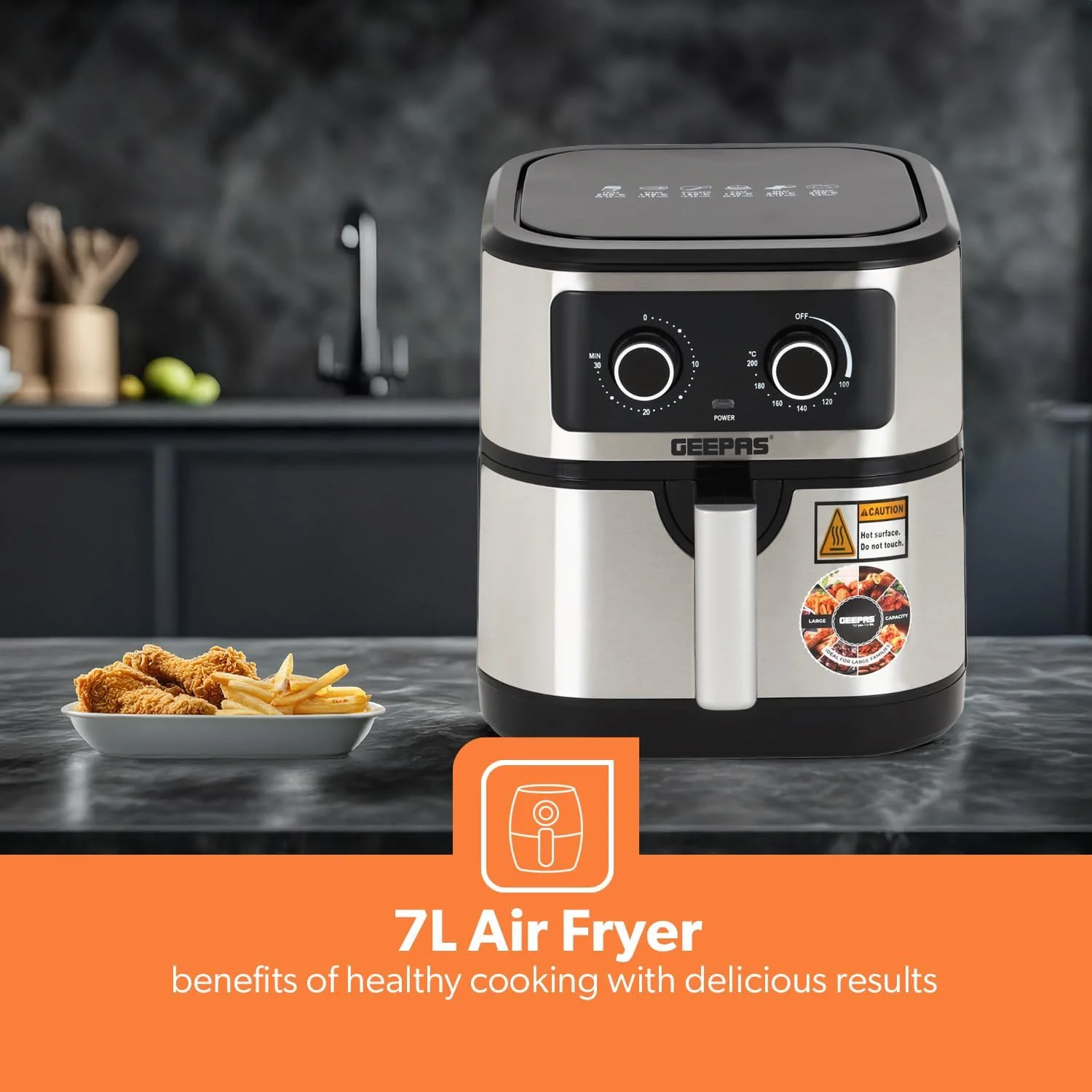 سرخ کن هوا Geepas Vortex 7L GAF37506 - سرخ کن هوای همرفتی با صفحه لمسی LED، تایمر 30 دقیقه ای و سبد نچسب - بدون روغن، 2 سال گارانتی، 1800 وات، مشکی