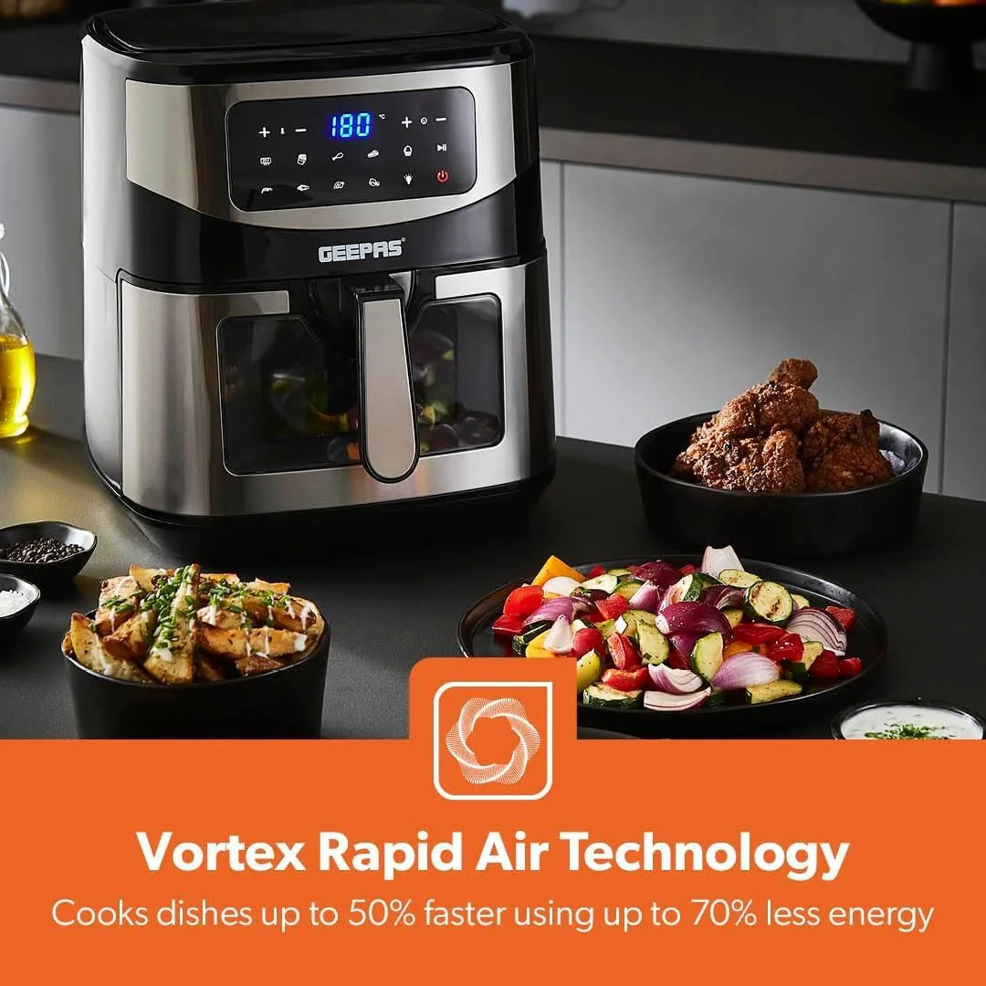 سرخ کن دیجیتال 9.2 لیتری Geepas با فناوری Vortex - سرخ کن بدون روغن سایز خانواده 9 در 1 با صفحه لمسی LED، تایمر 60 دقیقه ای و سبد نچسب | 2 سال گارانتی سرخ کن دیجیتال 9.2 لیتری Geepas با فناوری Vortex - سرخ کن بدون روغن سایز خانواده 9 در 1 با صفحه لمسی LED، تایمر 60 دقیقه ای و سبد نچسب | 2 سال گارانتی