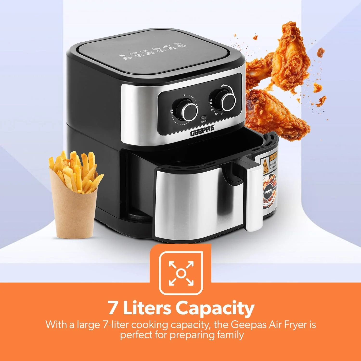 سرخ کن هوا Geepas Vortex 7L GAF37506 - سرخ کن هوای همرفتی با صفحه لمسی LED، تایمر 30 دقیقه ای و سبد نچسب - بدون روغن، 2 سال گارانتی، 1800 وات، مشکی