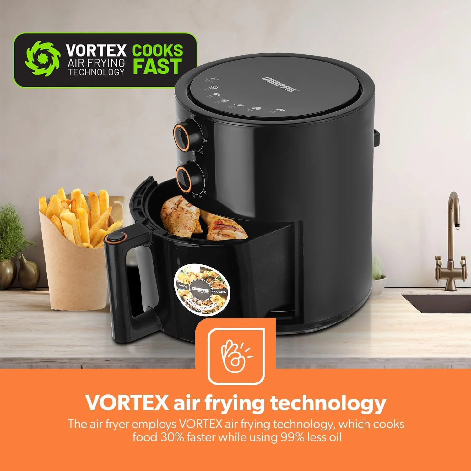 سرخ کن بدون روغن Geepas مدل GAF37513 با ظرفیت 4.0 لیتر، پوشش نچسب، با فناوری سرخ کردن Vortex، عملکرد چندگانه، تایمر 1-60 دقیقه، دما 80-200 درجه سانتیگراد | 2 سال گارانتی، مشکی سرخ کن بدون روغن Geepas مدل GAF37513 با ظرفیت 4.0 لیتر، پوشش نچسب، با فناوری سرخ کردن Vortex، عملکرد چندگانه، تایمر 1-60 دقیقه، دما 80-200 درجه سانتیگراد | 2 سال گارانتی، مشکی