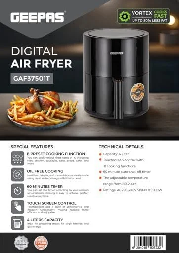 سرخ کن دیجیتال Geepas مدل GAF37501T با ظرفیت 4.0 لیتر، پخت و پز بدون روغن، تایمر 60 دقیقه ای، دمای 80-200 درجه سانتیگراد، 8 برنامه از پیش تعیین شده، 2 سال گارانتی، مشکی سرخ کن دیجیتال Geepas مدل GAF37501T با ظرفیت 4.0 لیتر، پخت و پز بدون روغن، تایمر 60 دقیقه ای، دمای 80-200 درجه سانتیگراد، 8 برنامه از پیش تعیین شده، 2 سال گارانتی، مشکی