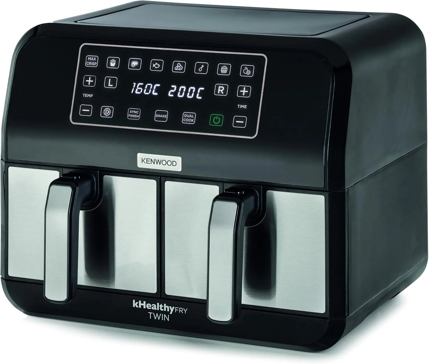 سرخ کن بدون روغن دوقلو کنوود مدل kHealthy Fry Twin Airfryer HFM20,000MB، ظرفیت 8 لیتر (2x4 لیتر)، محفظه دوتایی، 8 برنامه، عملکرد پخت دوگانه و پایان همزمان، صفحه نمایش لمسی، نچسب، 200 درجه سانتیگراد، تایمر (تا 60 دقیقه) و 24 ساعت