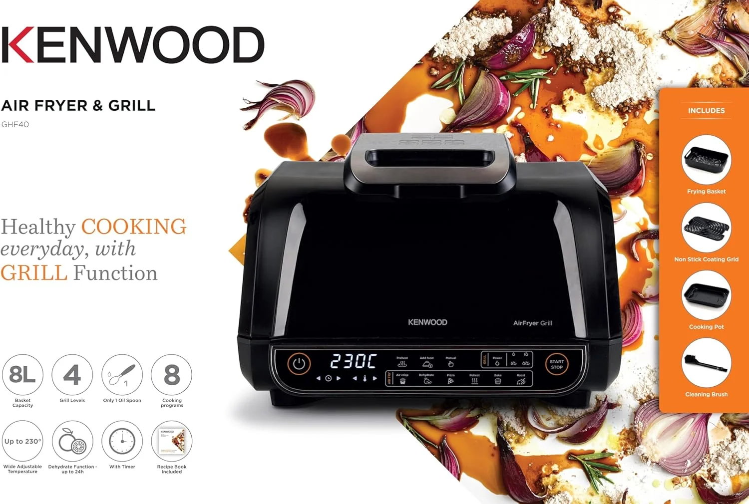 گریل و سرخ کن هوا Kenwood مدل 2 در 1 (سرخ کن هوا + گریل) با سبد XXXL 8 لیتری، 4 سطح گریل، 8 عملکرد از پیش تعیین شده - گریل، ترد هوایی، برشته کردن، پخت، پیتزا، گرم کردن مجدد، خشک کردن و عملکرد دستی مدل GHF40.000BK مشکی